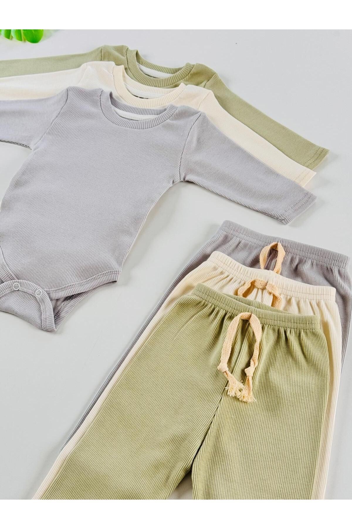 3'lü %100 Pamuklu Unisex Esnek Uzun Kol Kaşkorse Bebek Body Pantolon Takım