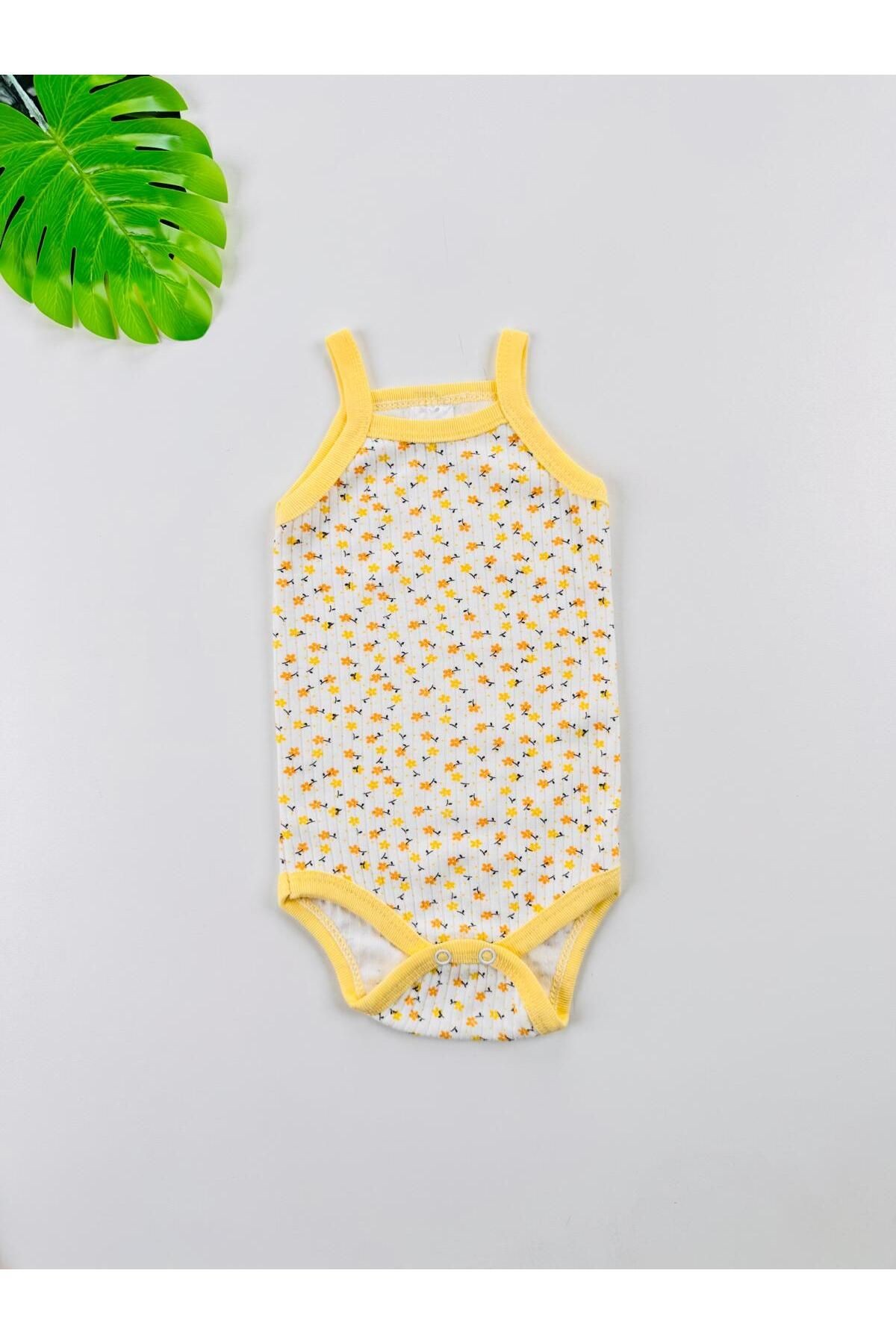 Çiçek Desenli Fitilli İp Askılı Kız Bebek Atlet Body - sarı