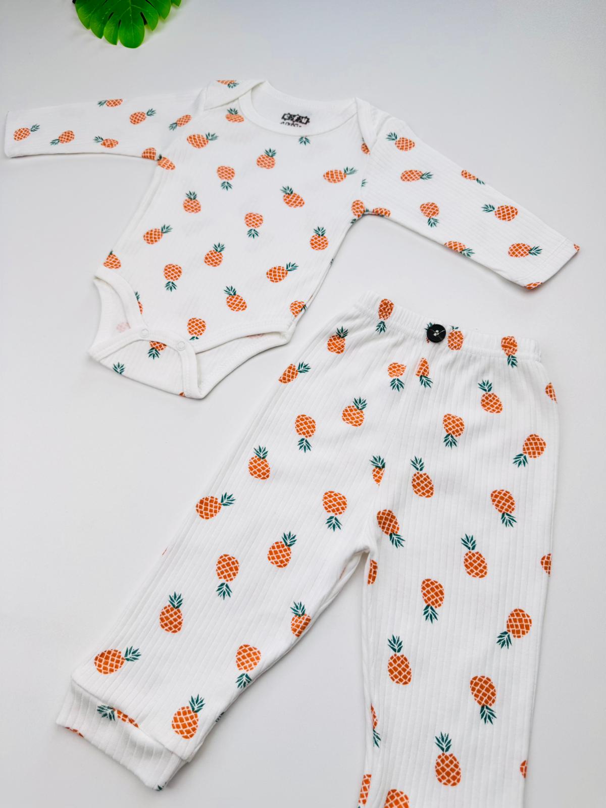2li Ananas Desenli %100 Pamuklu Unisex Bebek Body Pantolon Takım