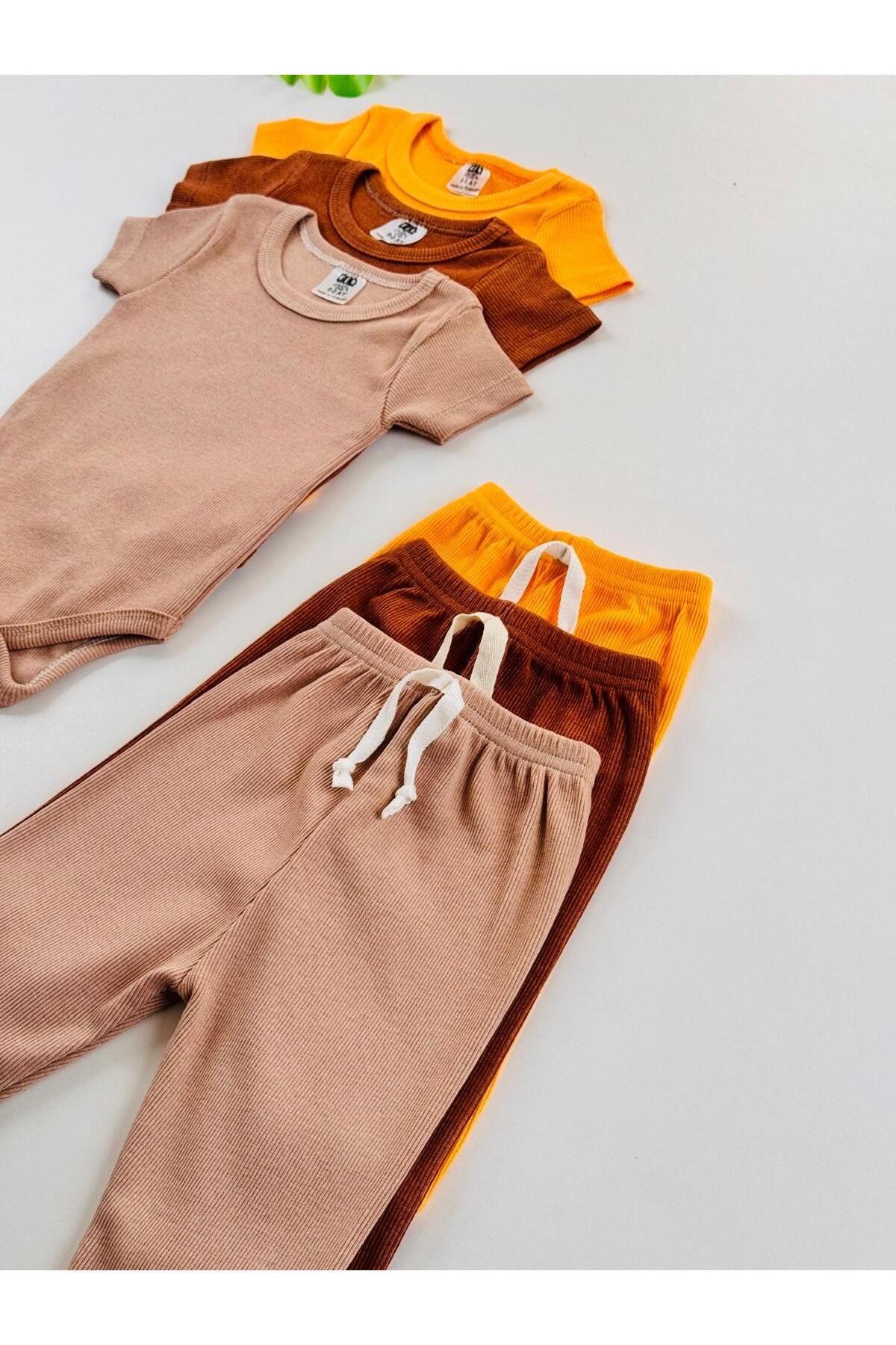 3'lü Unisex Esnek Kaşkorse Kısa Kol Bebek Body Pantolon Takım