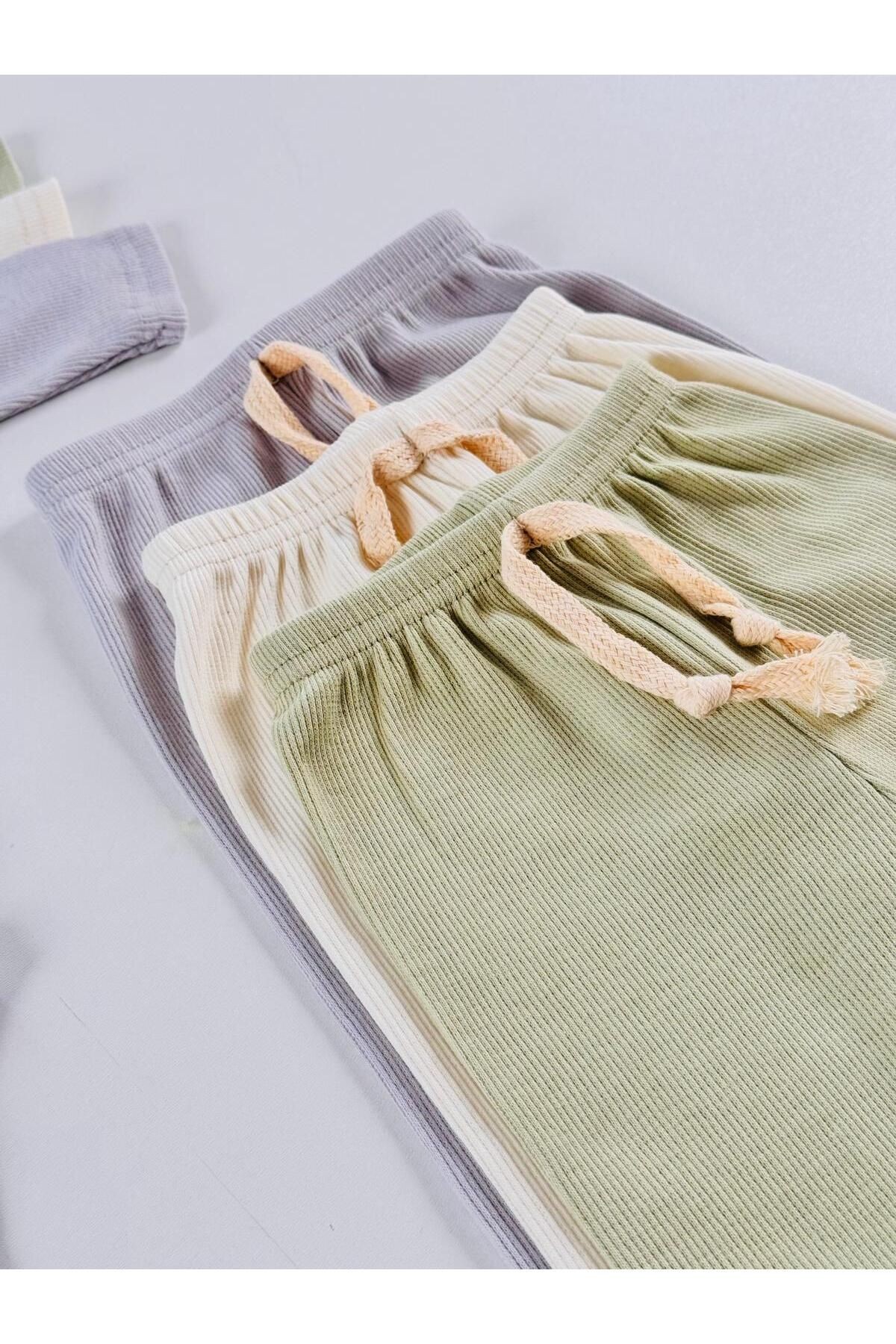 3'lü %100 Pamuklu Unisex Esnek Uzun Kol Kaşkorse Bebek Body Pantolon Takım