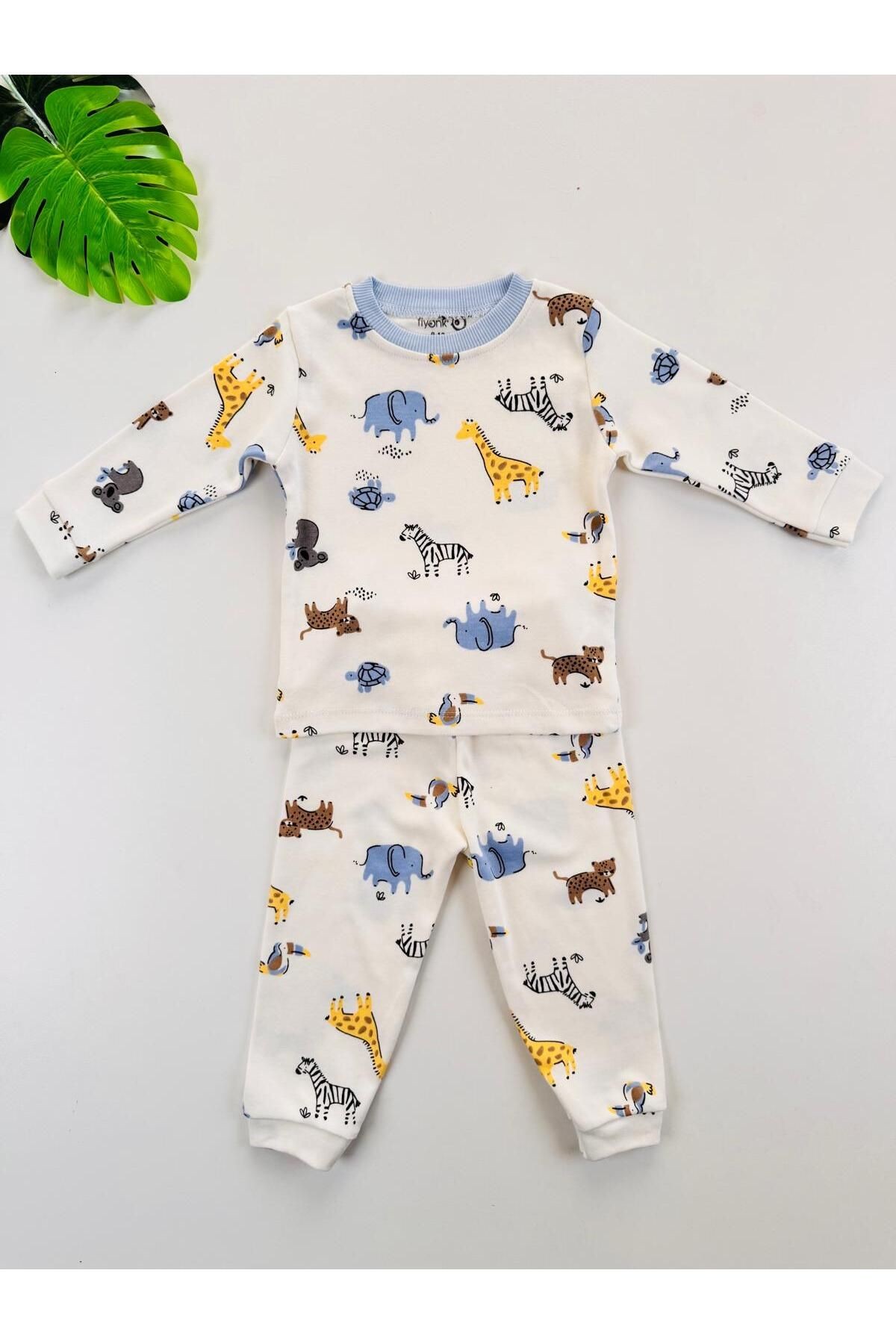 %100 Pamuklu Desenli Unisex Bebek Çocuk Pijama Takım