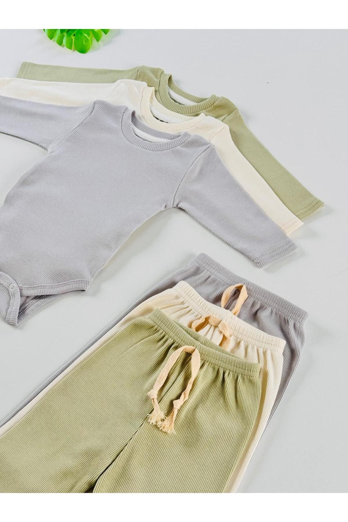 3'lü %100 Pamuklu Unisex Esnek Uzun Kol Kaşkorse Bebek Body Pantolon Takım