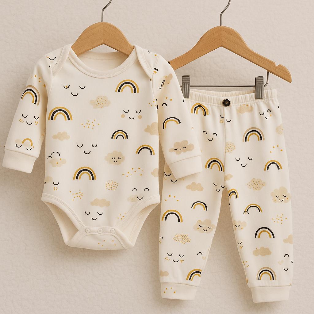 2li Gökkuşağı Desenli %100 Pamuklu Unisex Bebek Takım