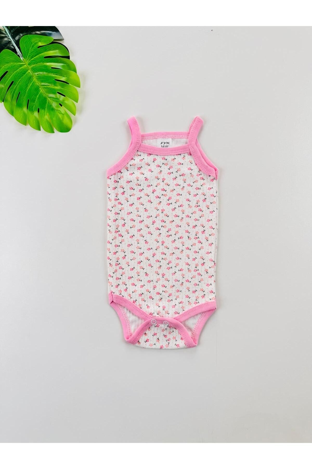 Çiçek Desenli Fitilli İp Askılı Kız Bebek Atlet Body - pembe