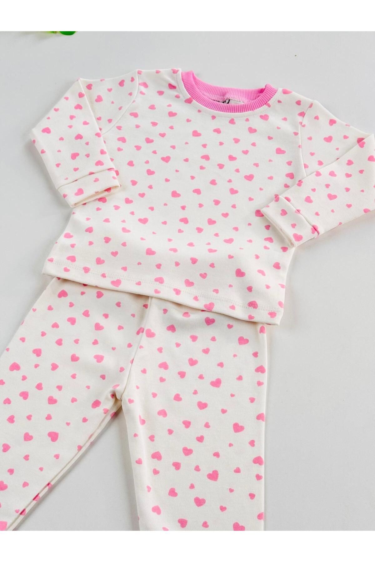 %100 Pamuklu Kalp Desenli Bebek Çocuk Pijama Takım