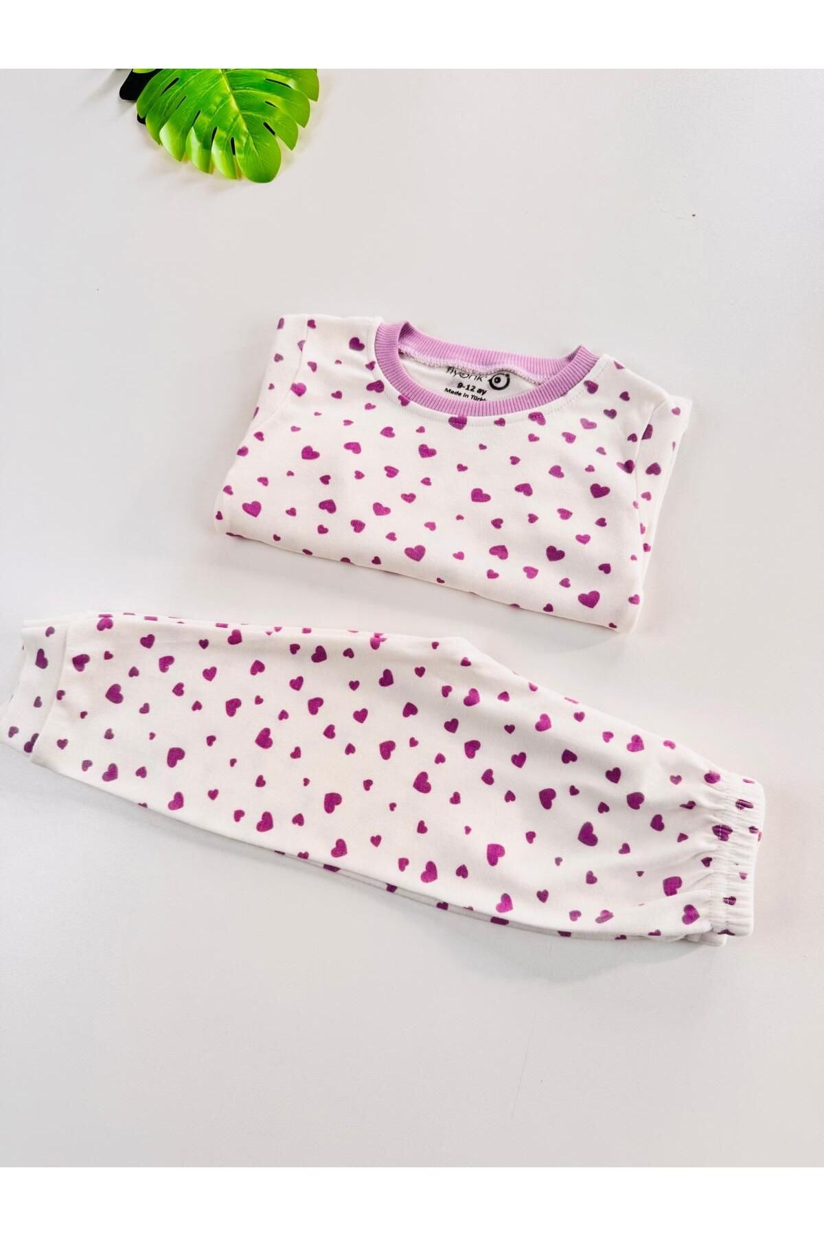 %100 Pamuklu Kalp Desenli Bebek Çocuk Pijama Takım