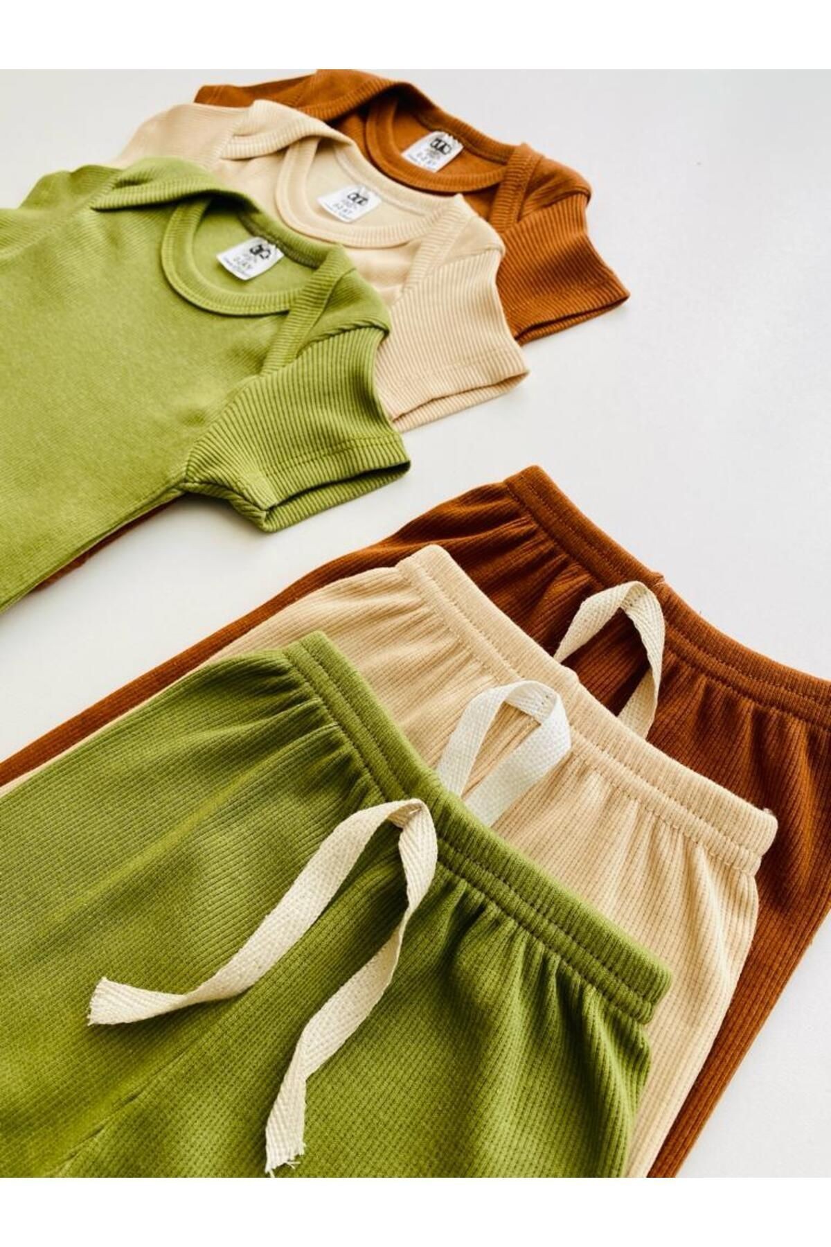 3'lü %100 Pamuklu Kısa Kol Bebek Body Pantolon Takım