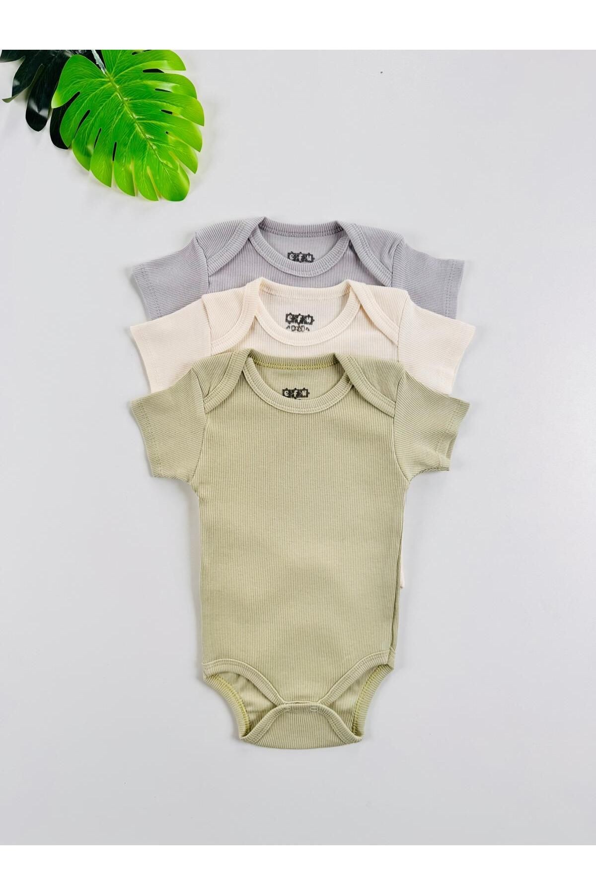 3'lü %100 Pamuklu Unisex Esnek Kısa Kol Kaşkorse Bebek Body Pantolon Takım