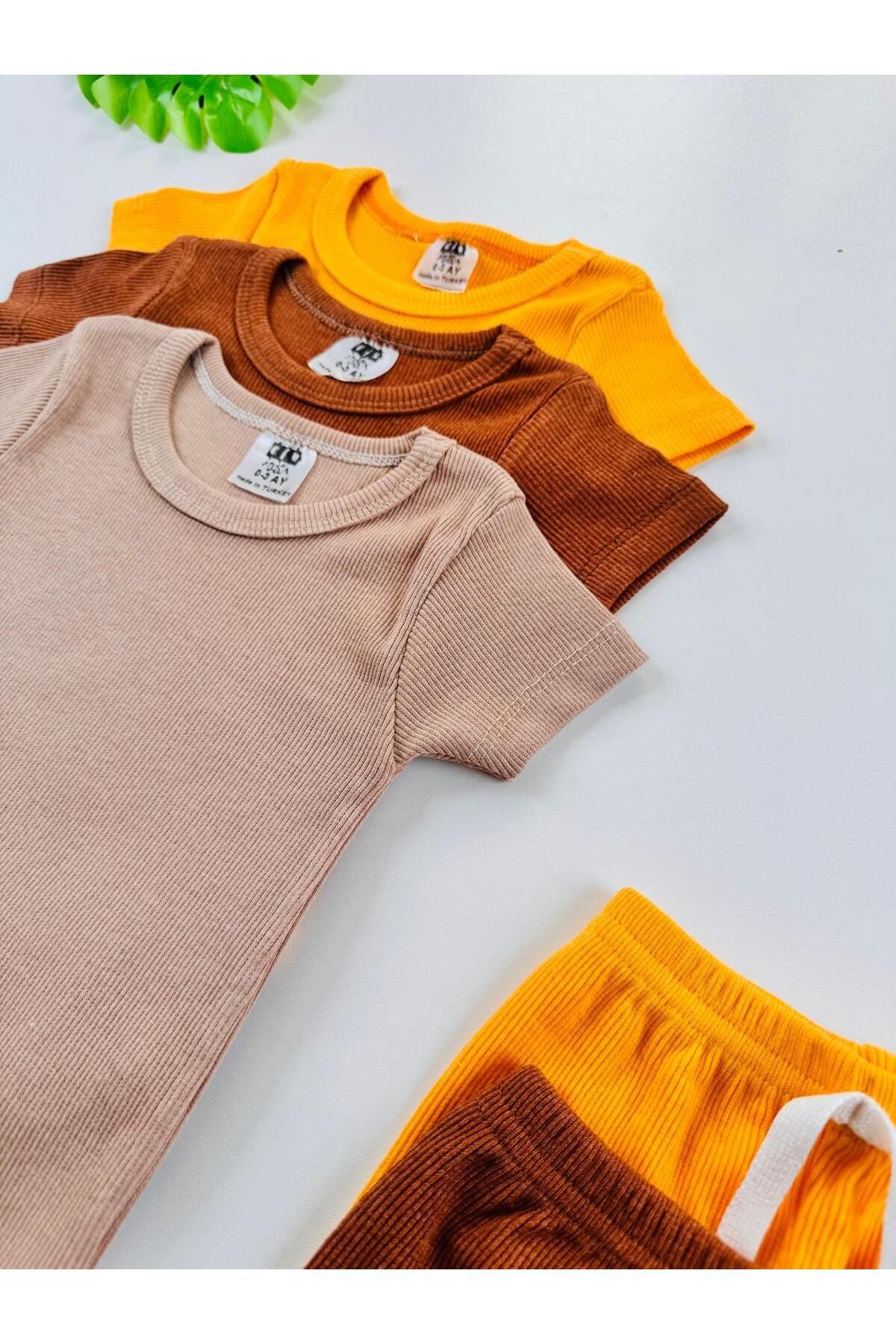 3'lü Unisex Esnek Kaşkorse Kısa Kol Bebek Body Pantolon Takım