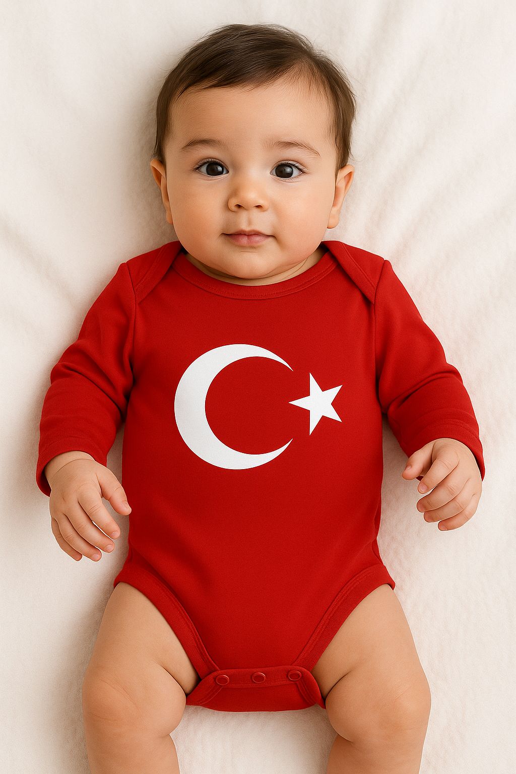 %100 Pamuklu Ay Yıldız Türk Bayrağı Baskılı Uzun Kollu Çıtçıtlı Bebek Body