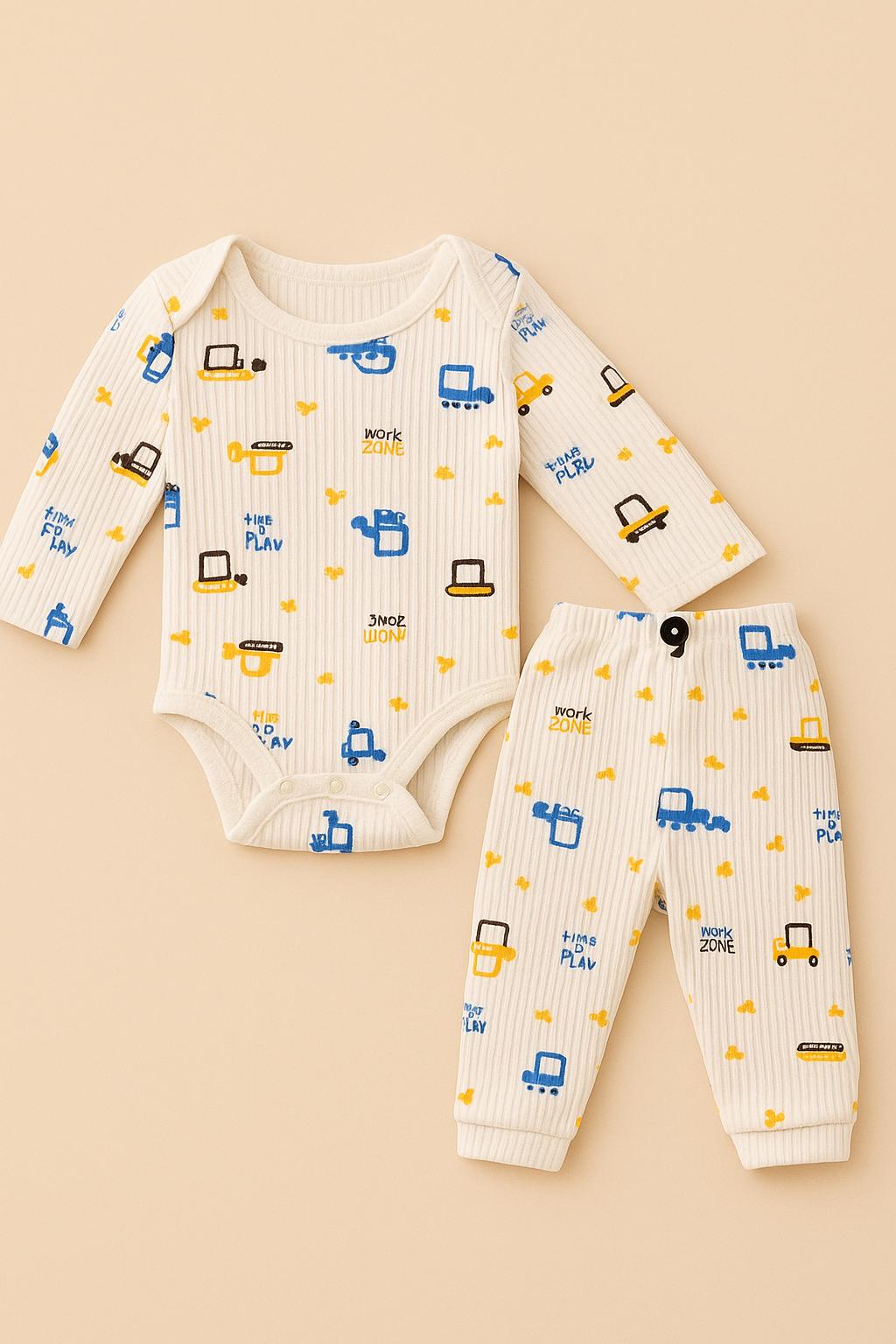  2li Kepçe Desenli %100 Pamuklu Erkek Bebek Body Pantolon Takım