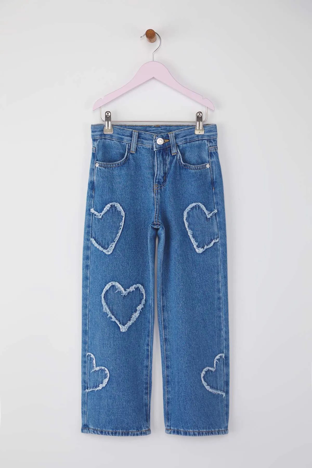 Mavi Kız Çocuk Geniş Paça Kalp Desenli %100 Pamuk Lastikli Denim Pantolon 