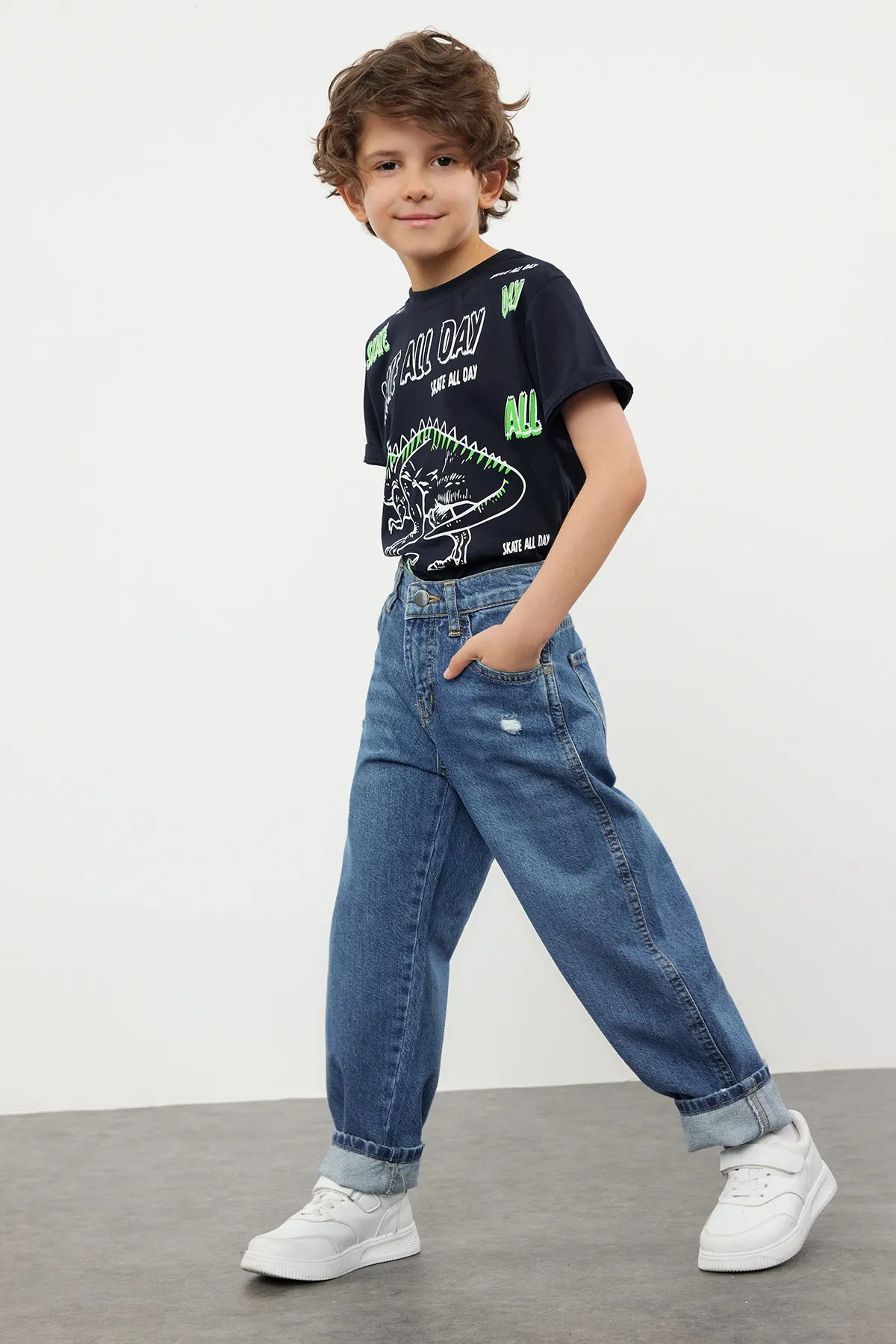 Mavi Erkek Çocuk Baggy Pamuklu Lastikli Denim Pantolon Jean