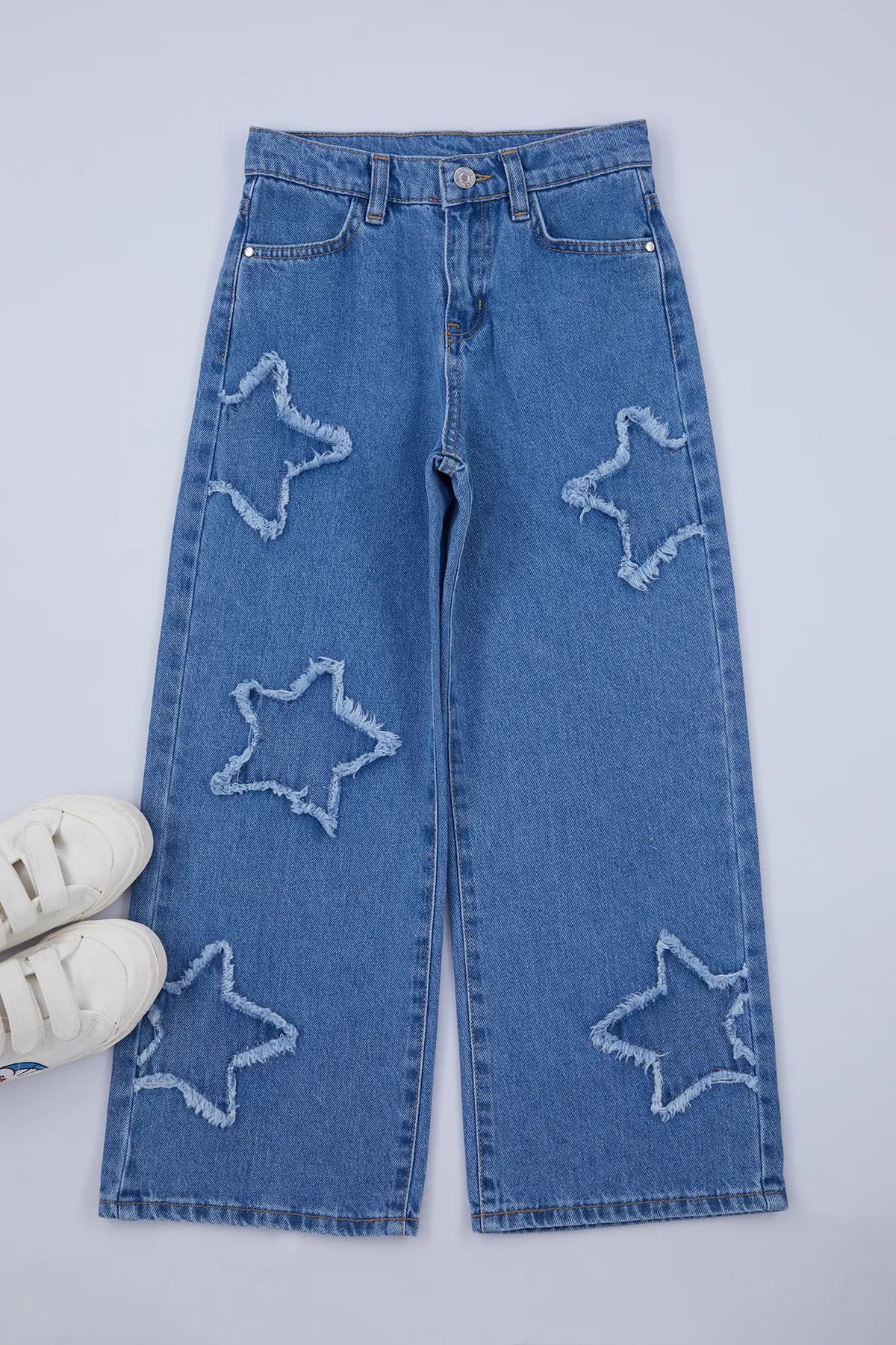 Mavi Kız Çocuk Geniş Paça Yıldız Desenli %100 Pamuk Lastikli Denim Pantolon 