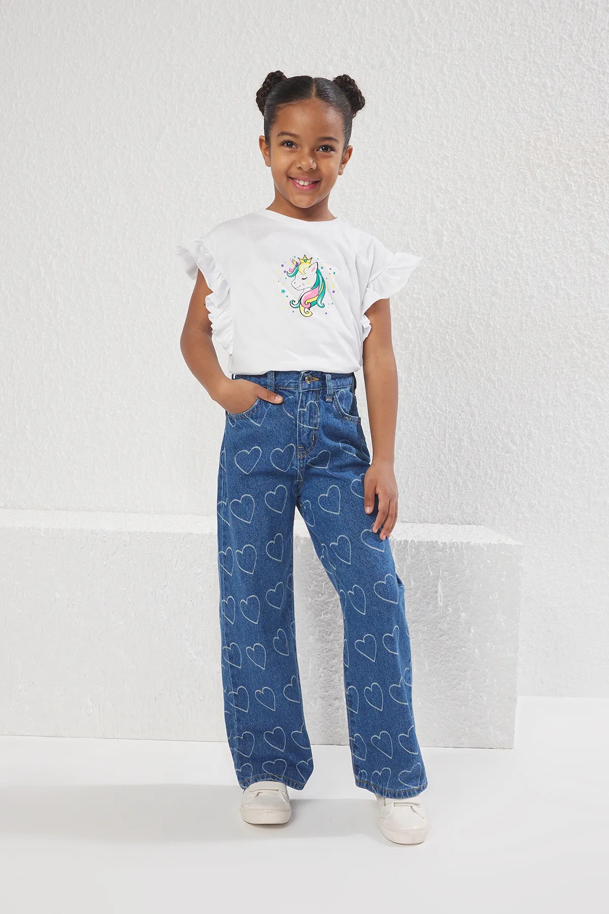 Mavi Kız Çocuk %100 Pamuk Kalp Desenli Flare Geniş Paça Lastikli Denim Jean