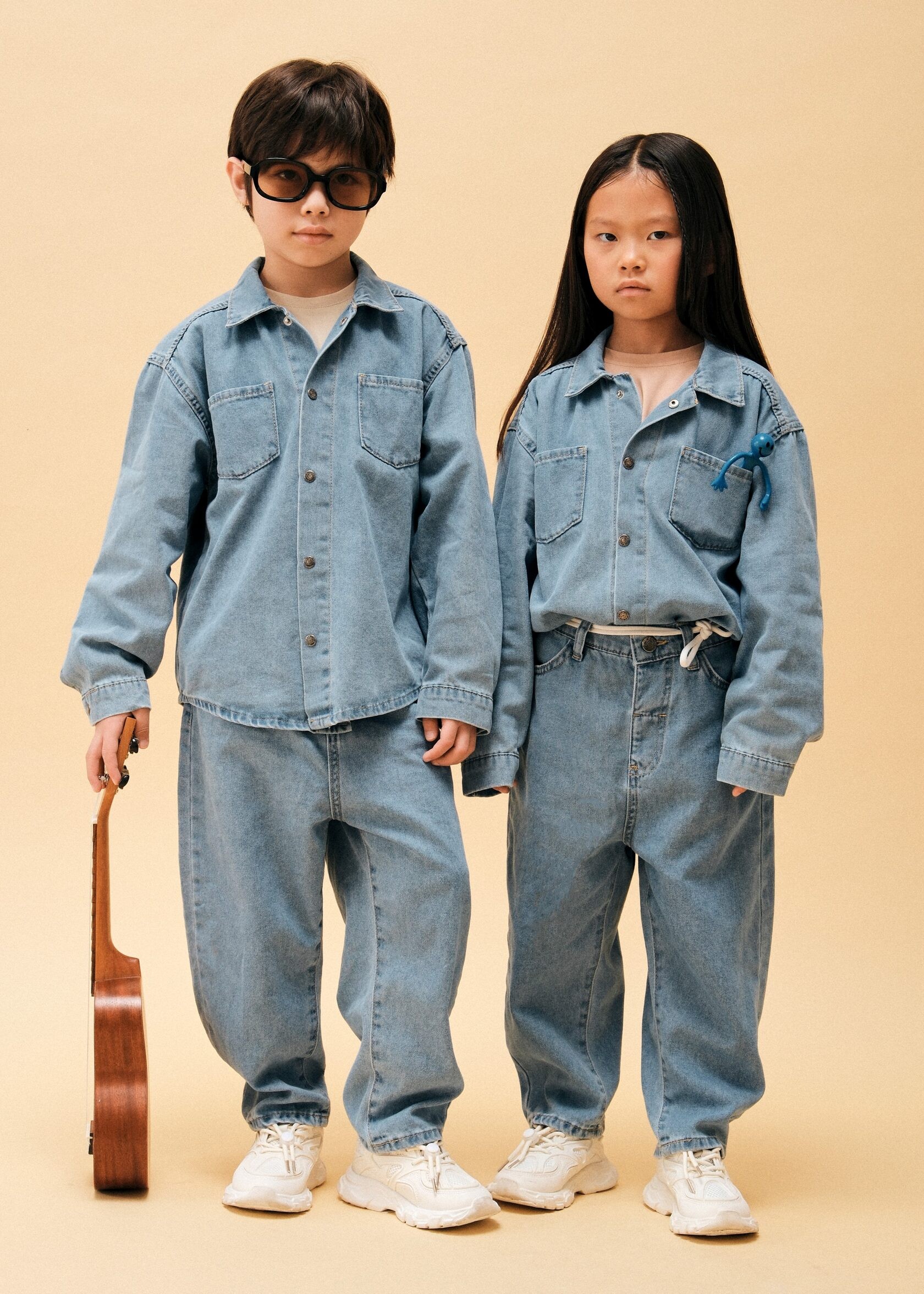 Kore Tarzı Oversize Çocuk Denim Takım – 2’li Rahat Kombin, 1-8 Yaş