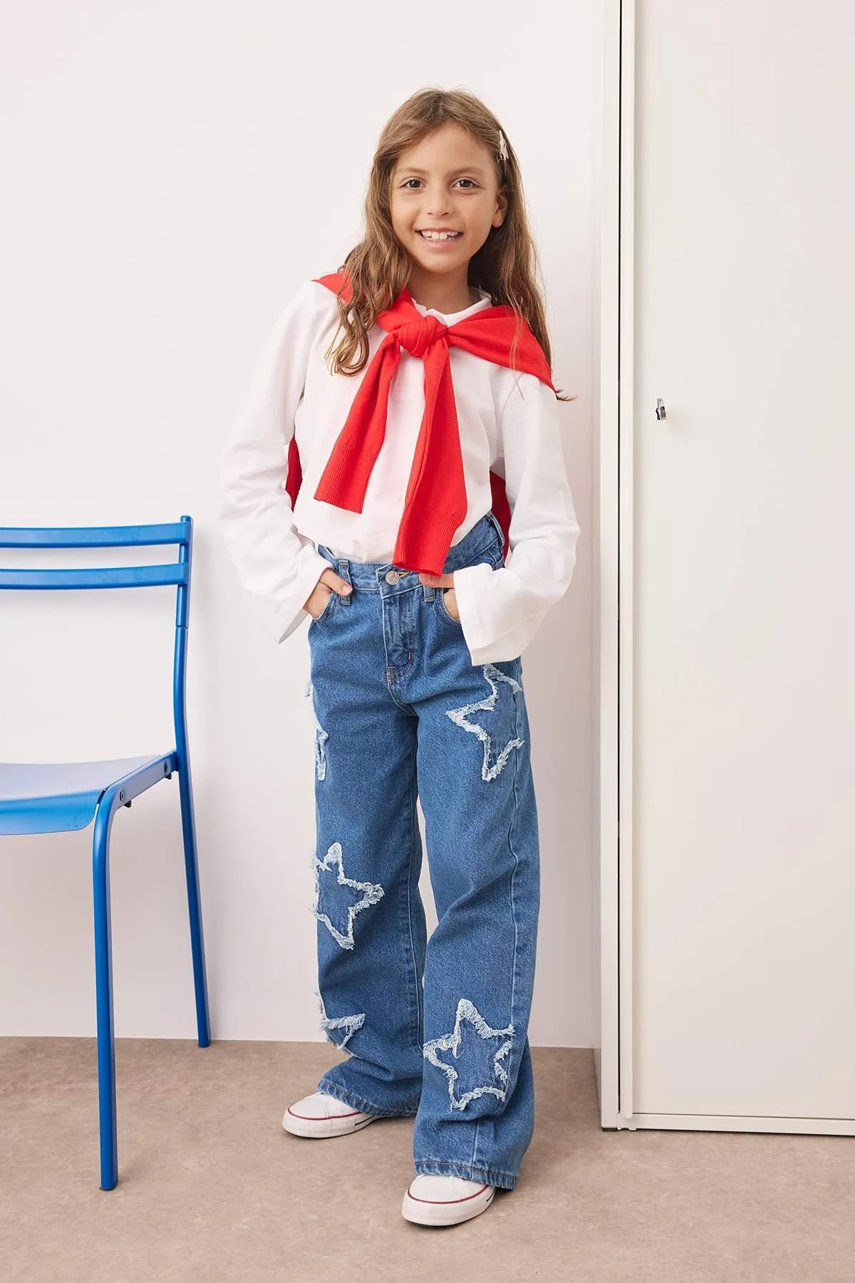 Mavi Kız Çocuk Geniş Paça Yıldız Desenli %100 Pamuk Lastikli Denim Pantolon 