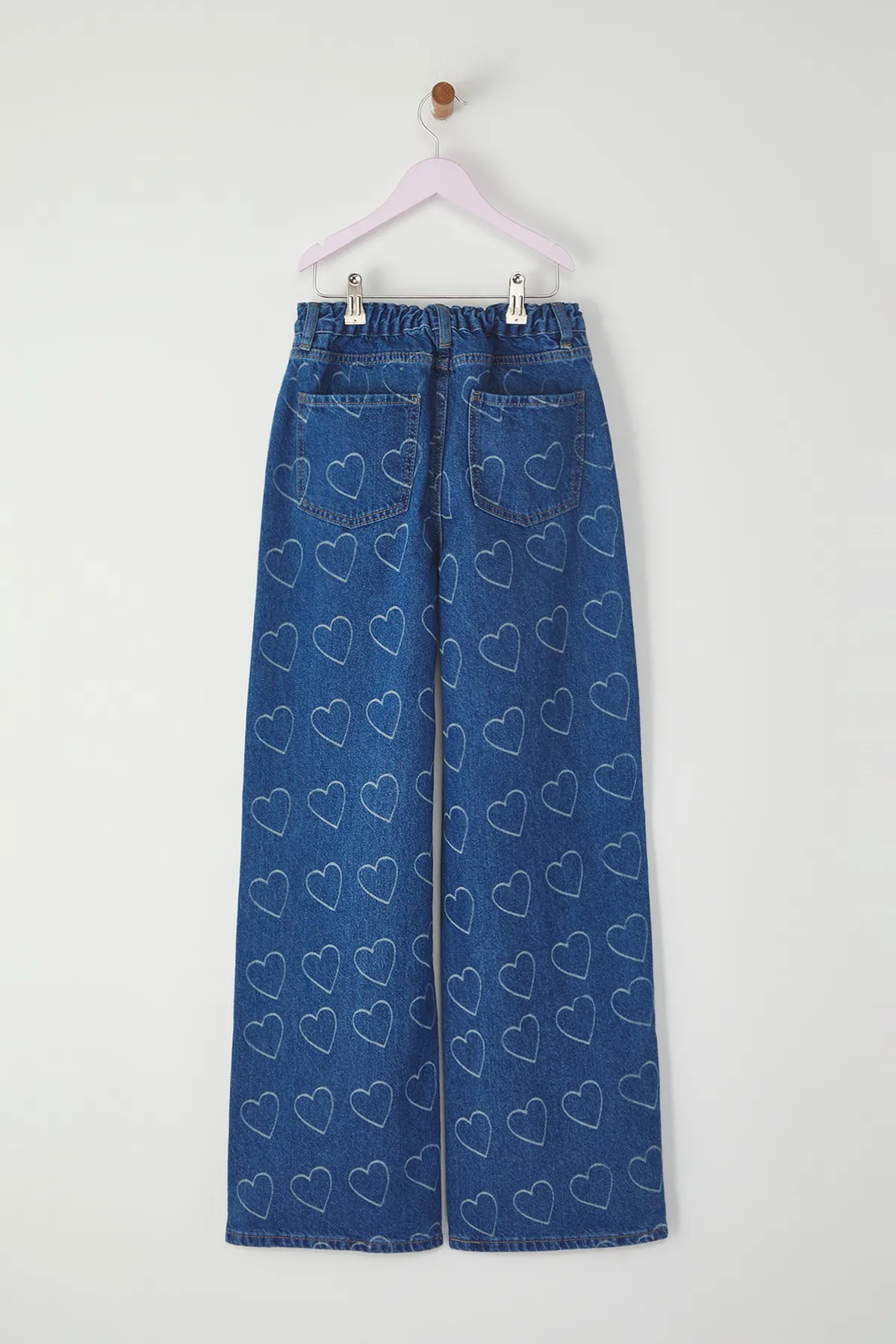 Mavi Kız Çocuk %100 Pamuk Kalp Desenli Flare Geniş Paça Lastikli Denim Jean