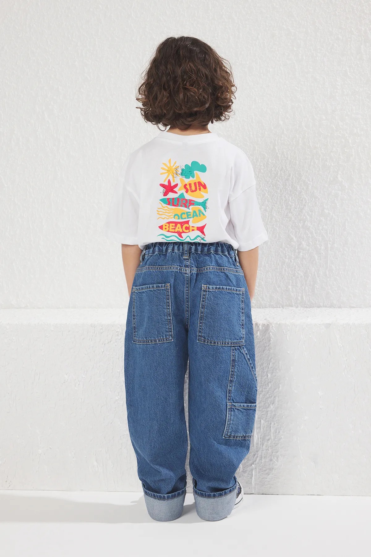 Orta Mavi Erkek Çocuk Yüksek Bel %100 Pamuk Regular Fit Lastikli Denim Jean Pantolon