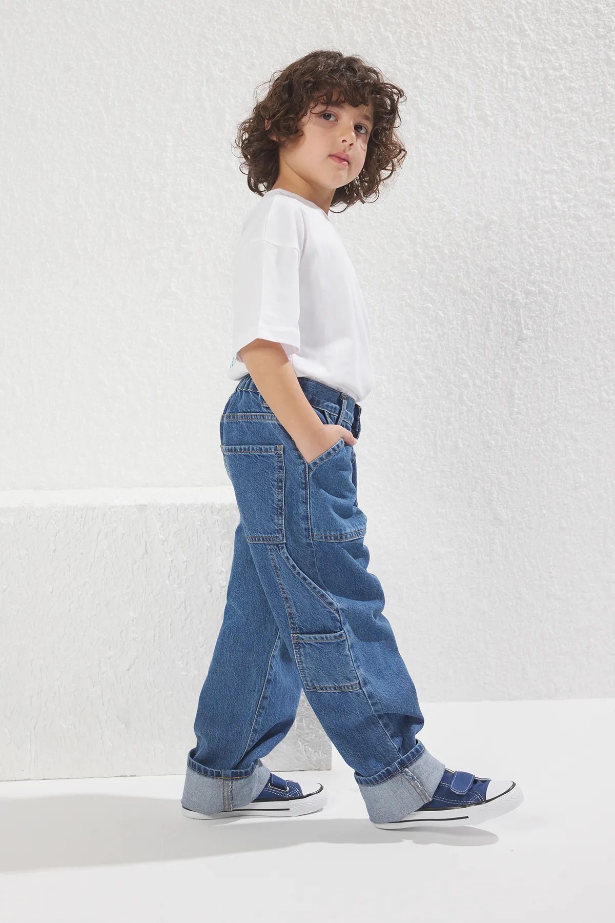 Orta Mavi Erkek Çocuk Yüksek Bel %100 Pamuk Regular Fit Lastikli Denim Jean Pantolon