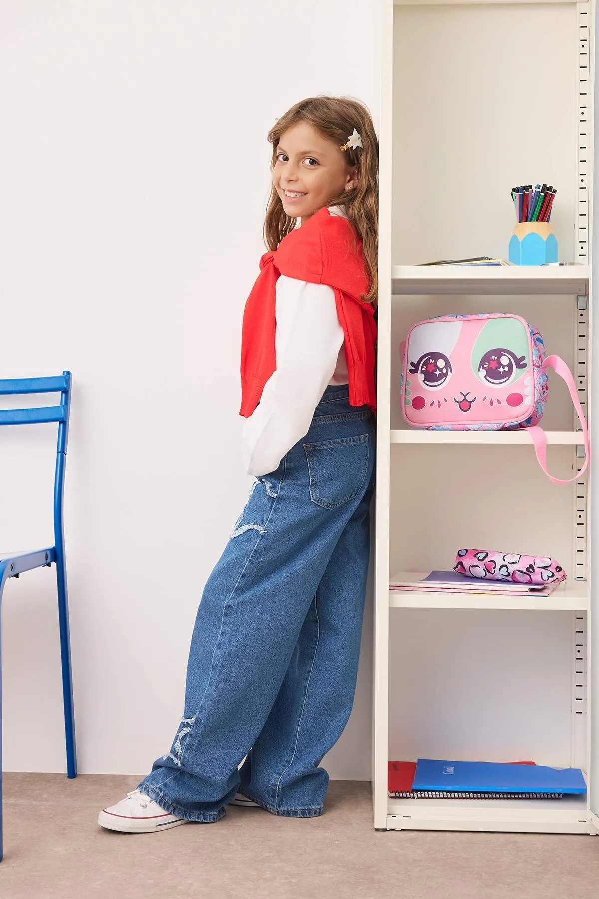 Mavi Kız Çocuk Geniş Paça Yıldız Desenli %100 Pamuk Lastikli Denim Pantolon 