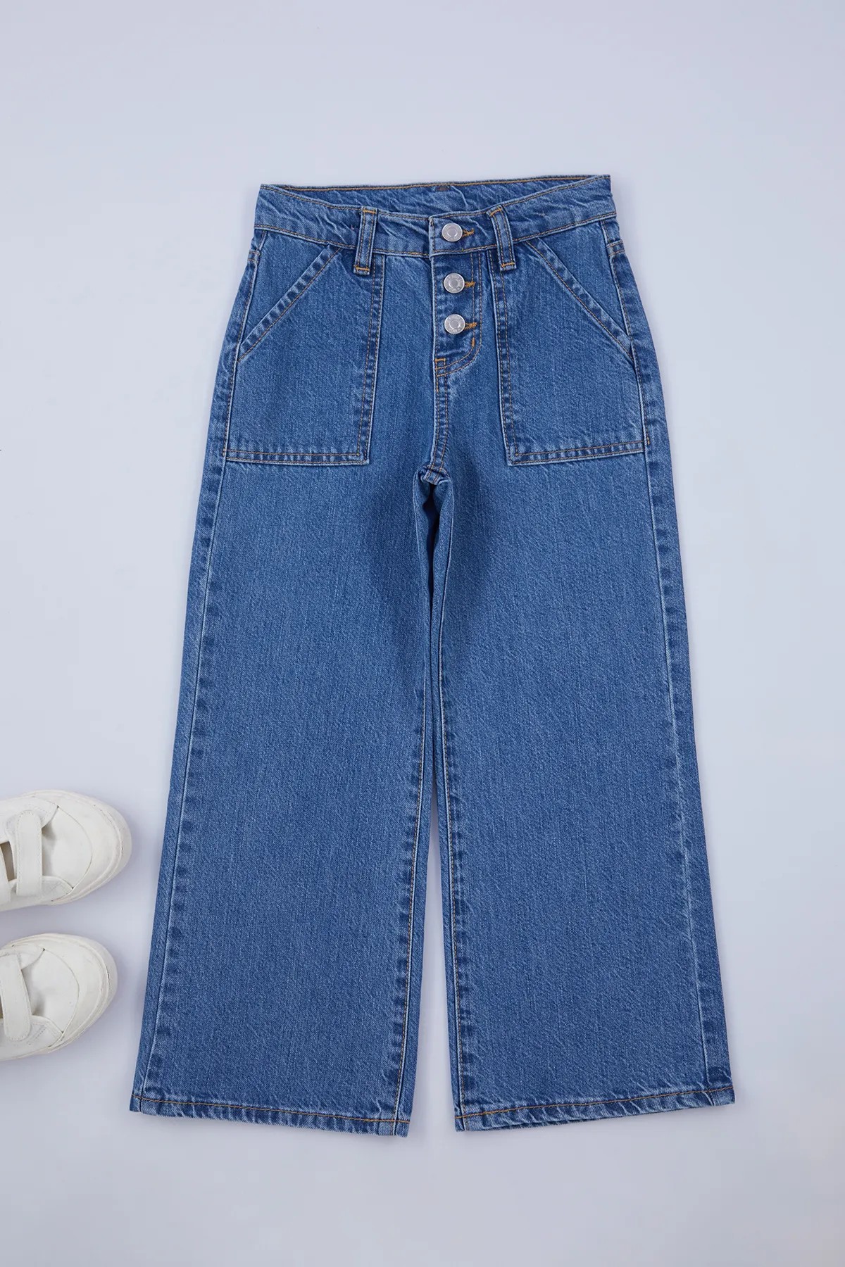 Mavi-5001 Kız Çocuk Geniş Paça Cepli Pamuklu Lastikli Jean Denim Pantolon