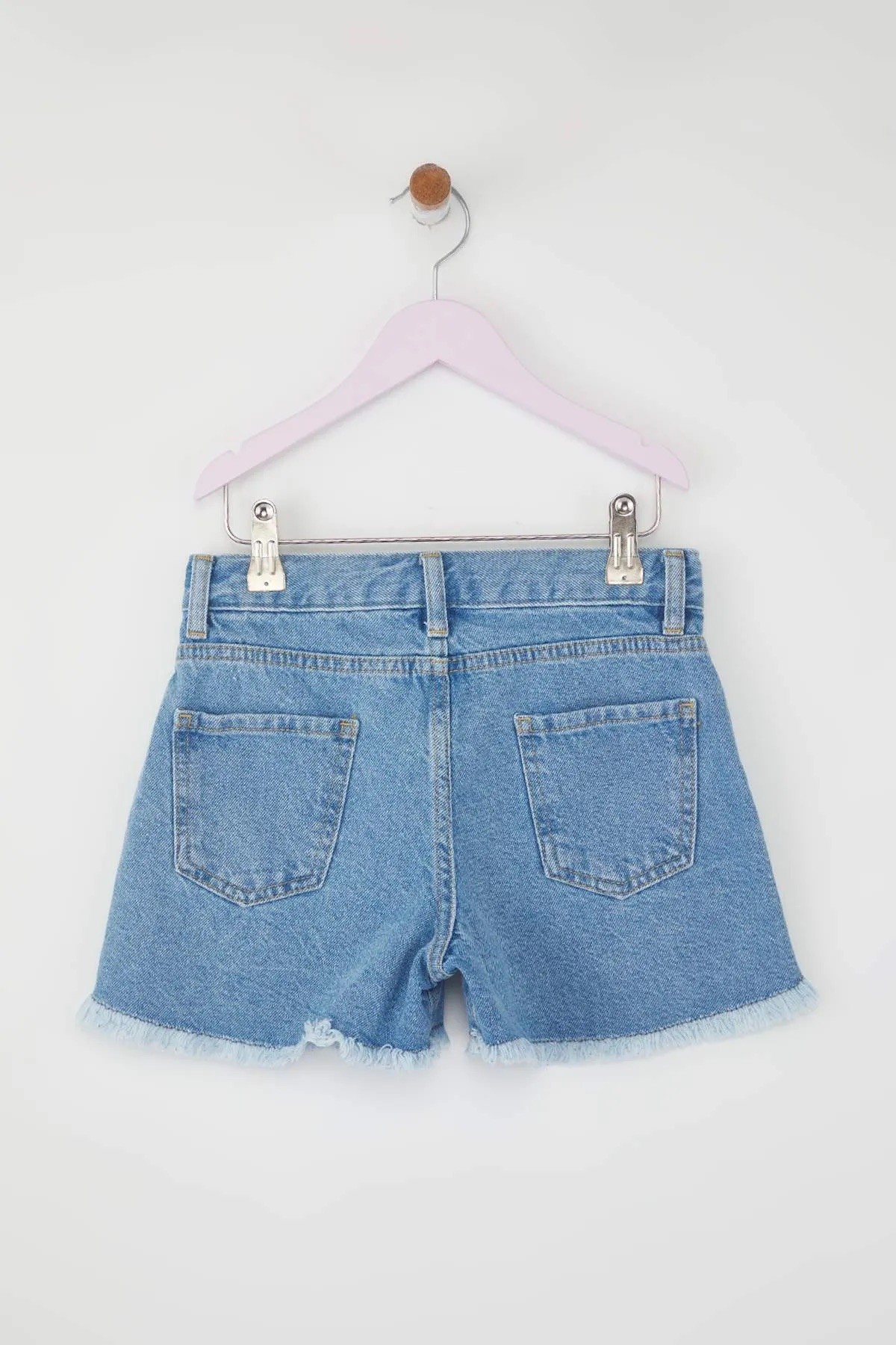 Açık Mavi Kız Çocuk %100 Pamuk Yıldız Detaylı Lastikli Denim Şort & Bermuda