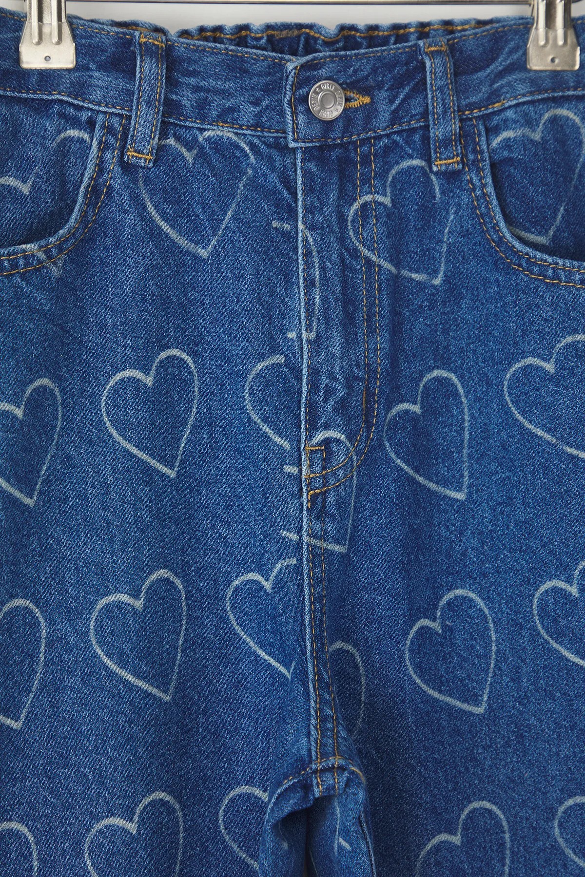 Mavi Kız Çocuk %100 Pamuk Kalp Desenli Flare Geniş Paça Lastikli Denim Jean