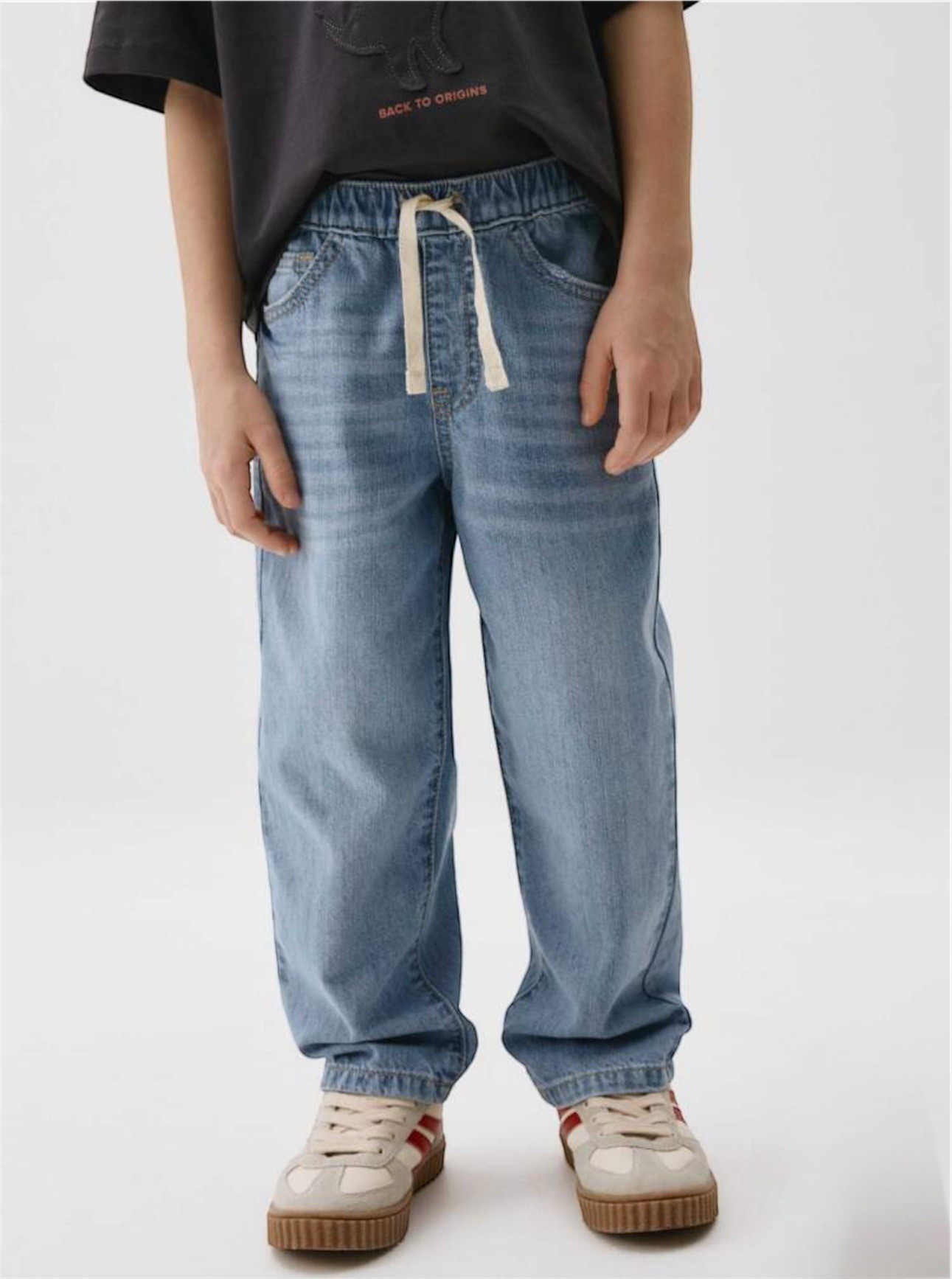 Orta Mavi Erkek Çocuk Yüksek Bel %100 Pamuk Regular Fit Bel Lastikli Denim Jean Pantolon 