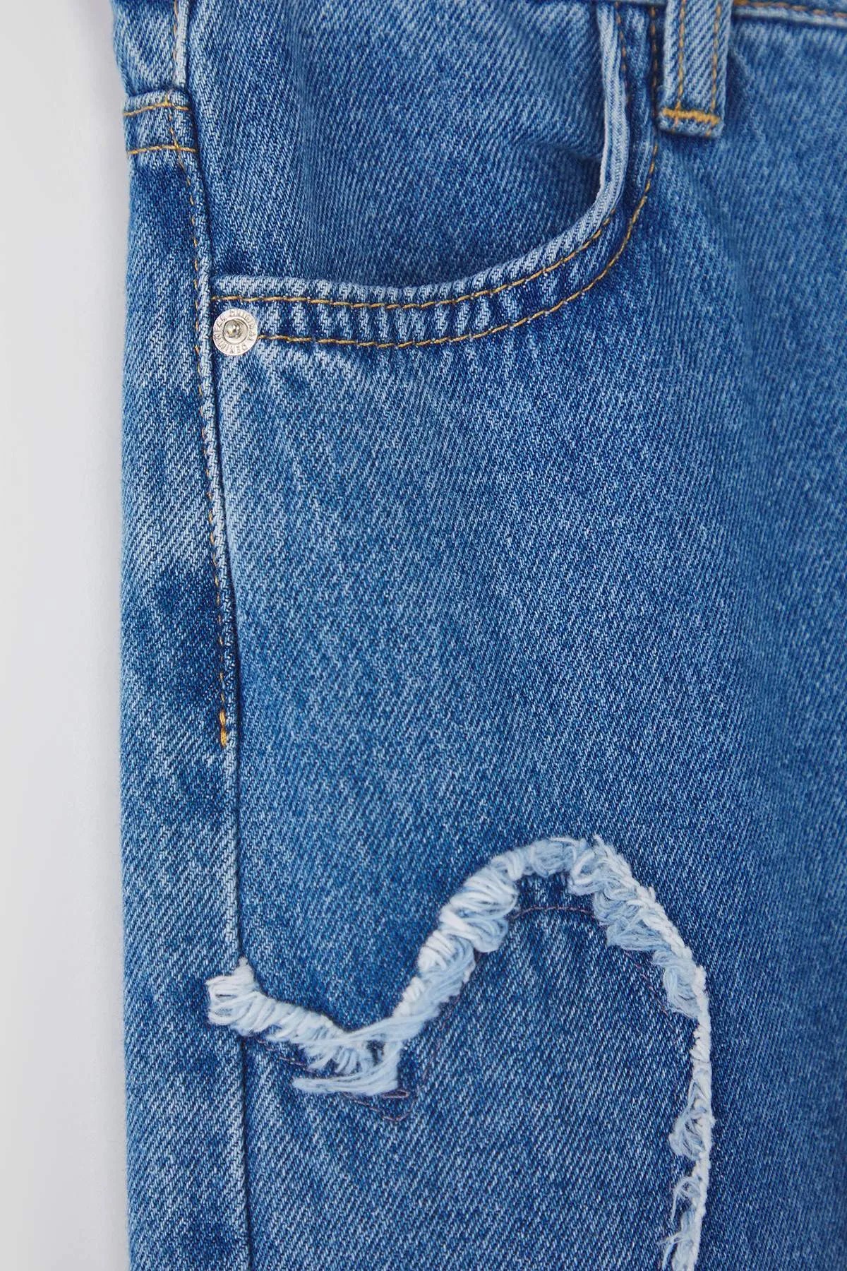Mavi Kız Çocuk Geniş Paça Kalp Desenli %100 Pamuk Lastikli Denim Pantolon 