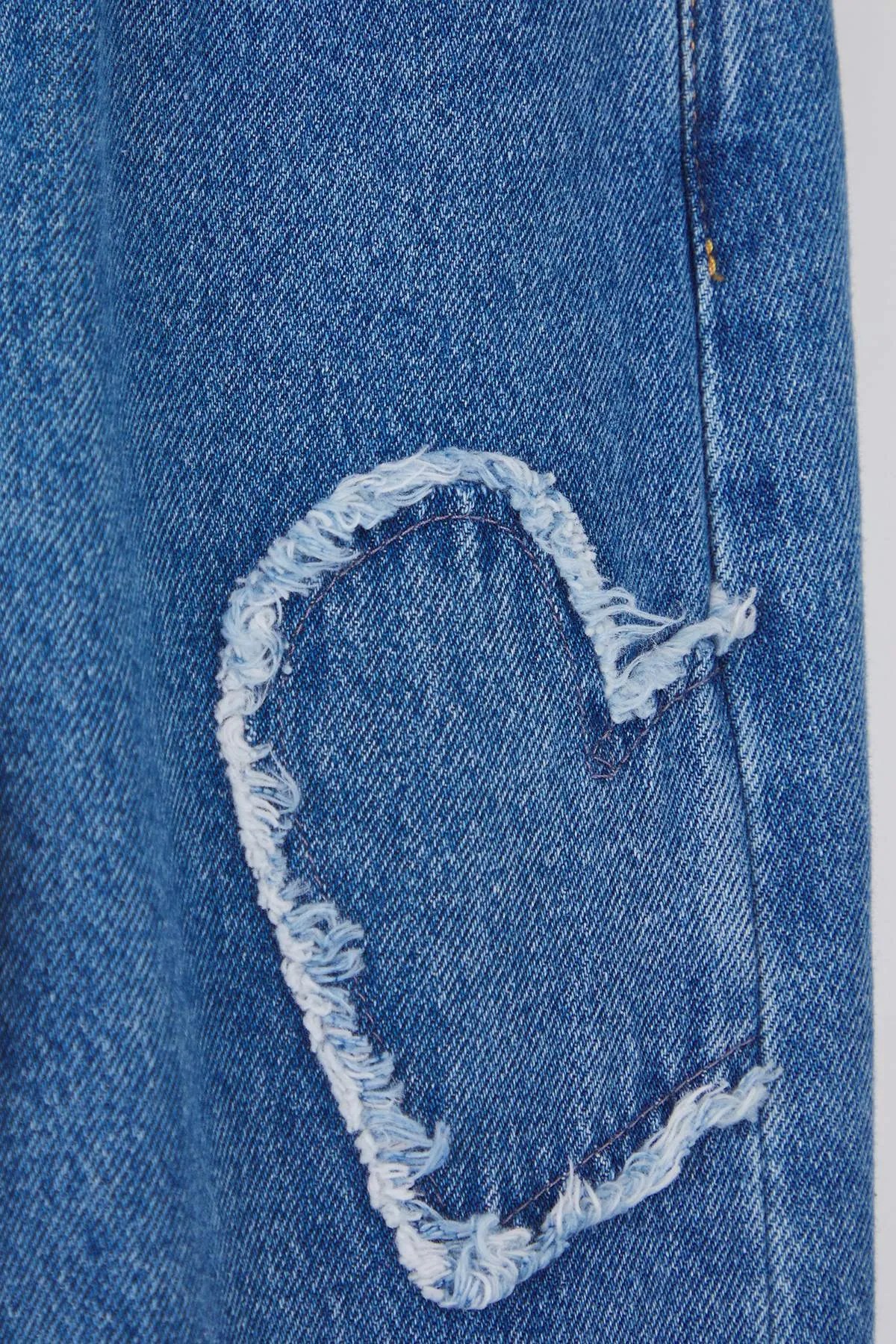 Mavi Kız Çocuk Geniş Paça Kalp Desenli %100 Pamuk Lastikli Denim Pantolon 