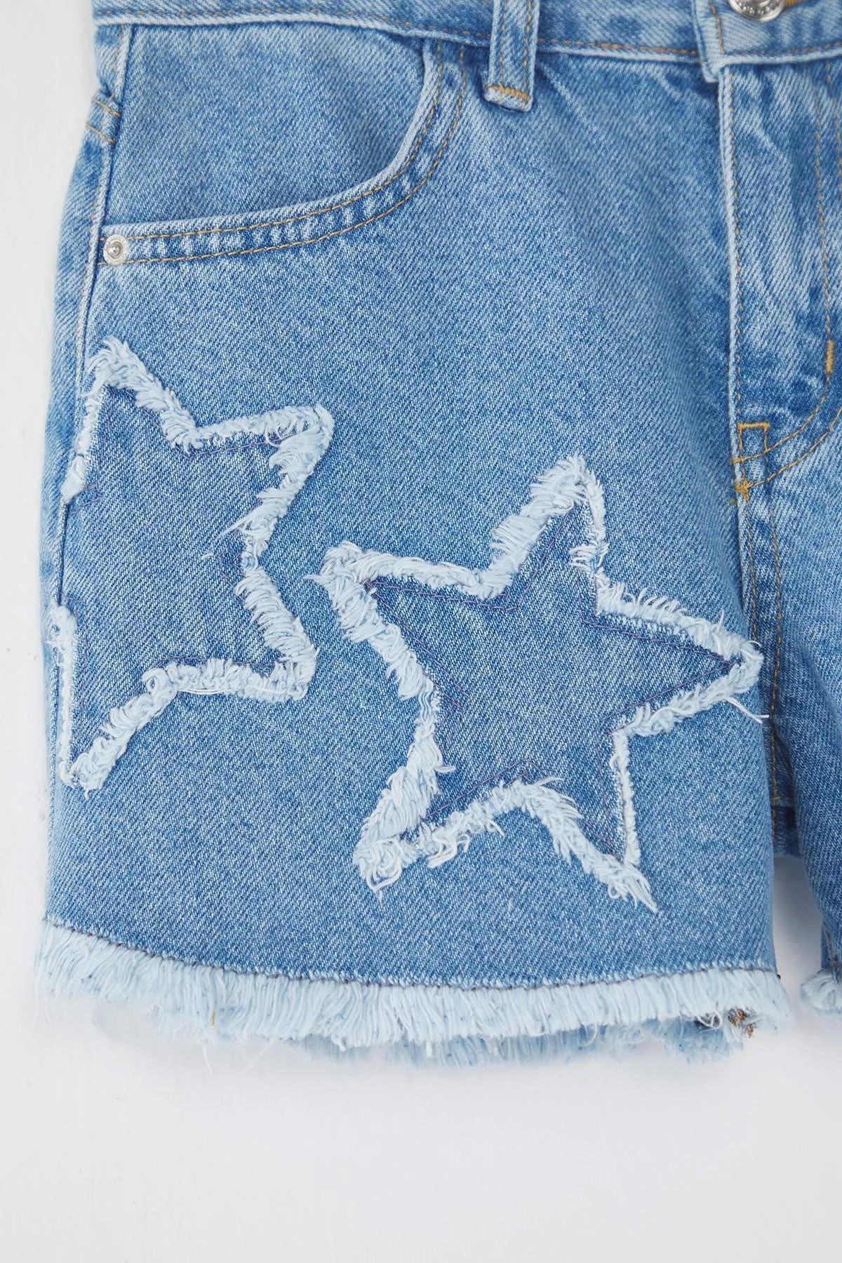 Açık Mavi Kız Çocuk %100 Pamuk Yıldız Detaylı Lastikli Denim Şort & Bermuda