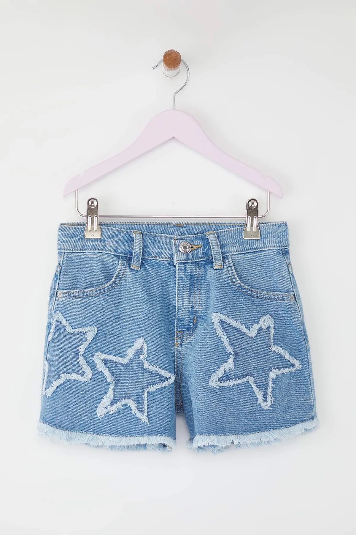 Açık Mavi Kız Çocuk %100 Pamuk Yıldız Detaylı Lastikli Denim Şort & Bermuda