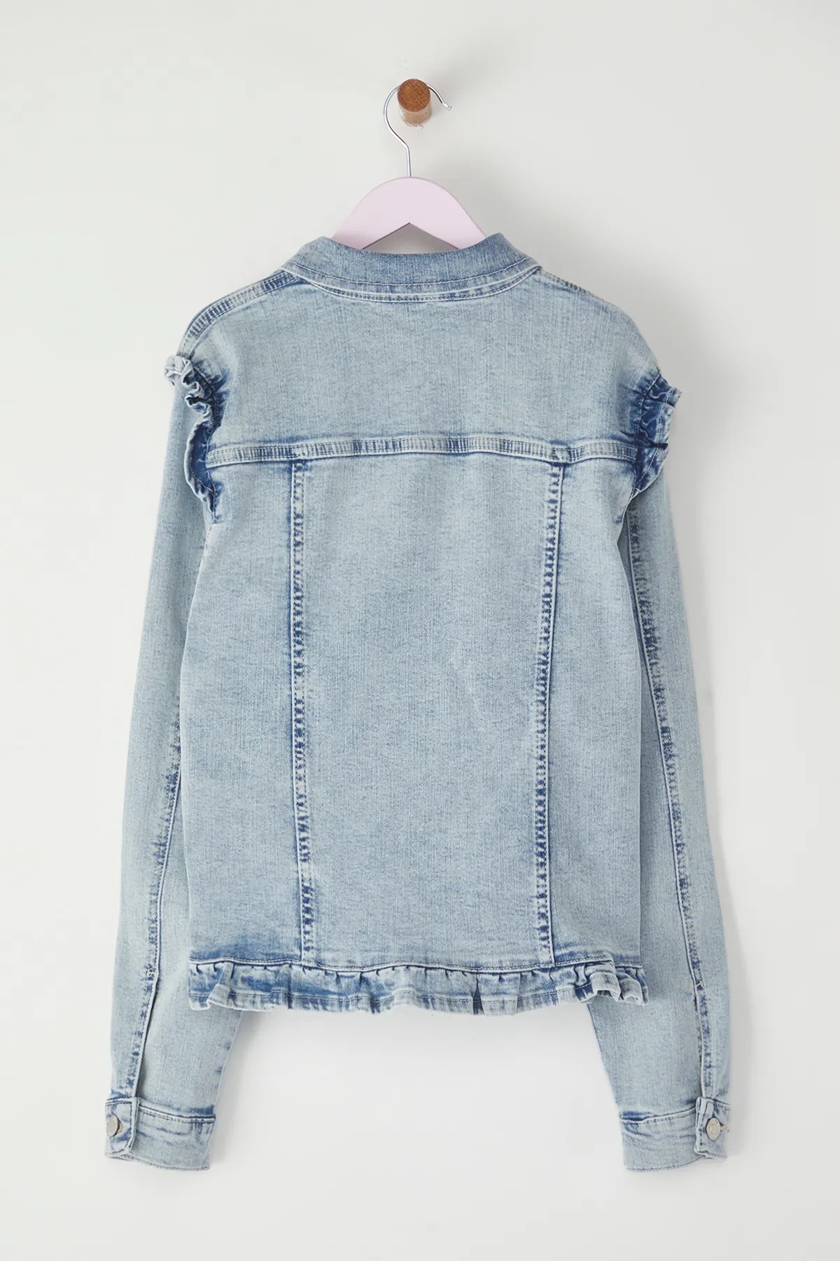 Açık Mavi Kız Çocuk Pamuklu Esnek Omuzları Fırfırlı Denim Ceket 
