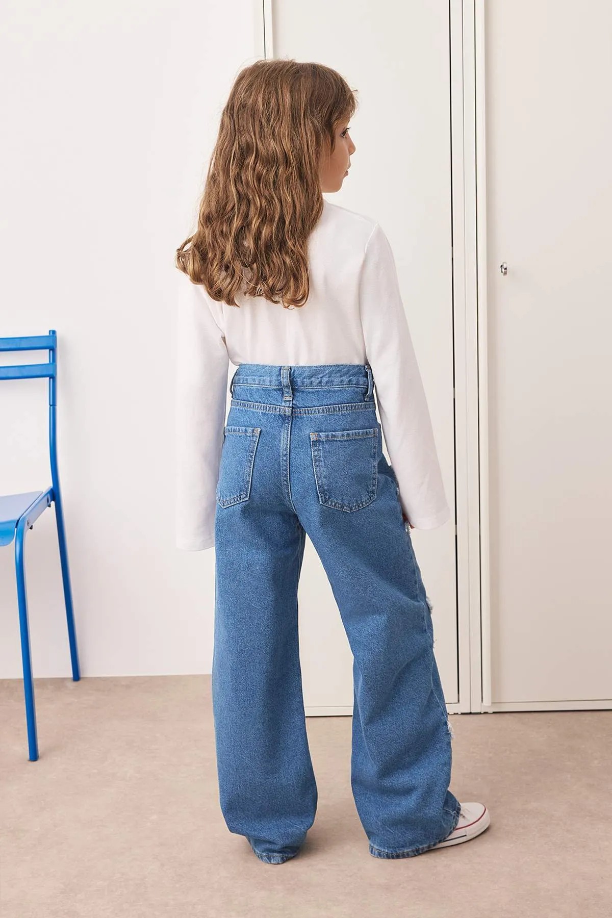 Mavi Kız Çocuk Geniş Paça Yıldız Desenli %100 Pamuk Lastikli Denim Pantolon 