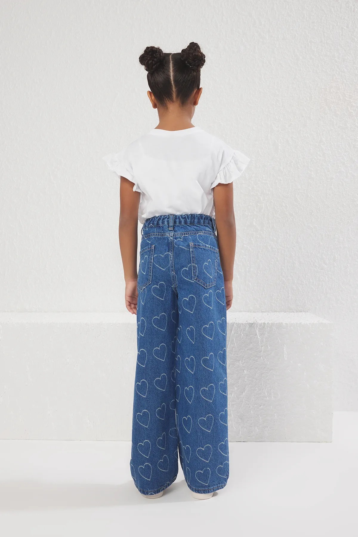 Mavi Kız Çocuk %100 Pamuk Kalp Desenli Flare Geniş Paça Lastikli Denim Jean