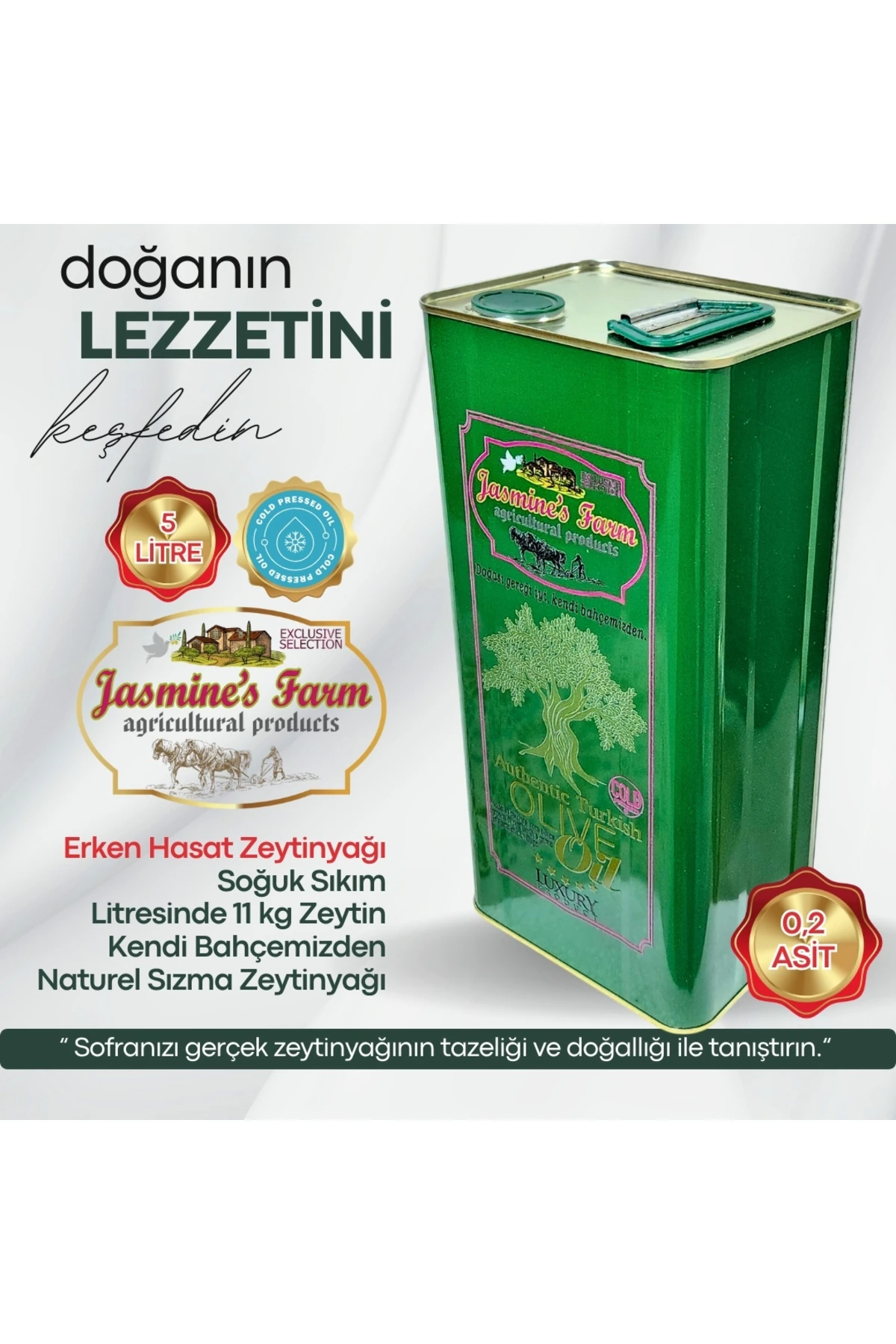 Naturel Sızma Ultra Premium Zeytinyağı 5 Litre – 0,2 Asit, Yüksek Poli