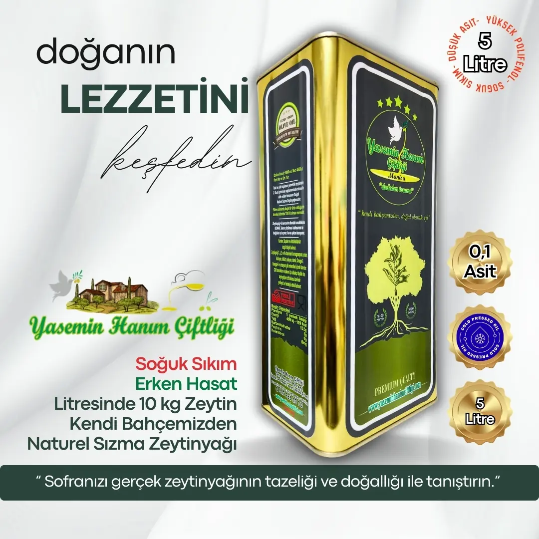 5 Litre Zeytinyağı | Soğuk Sıkım, Erken Hasat – Yasemin Hanım Çiftliği