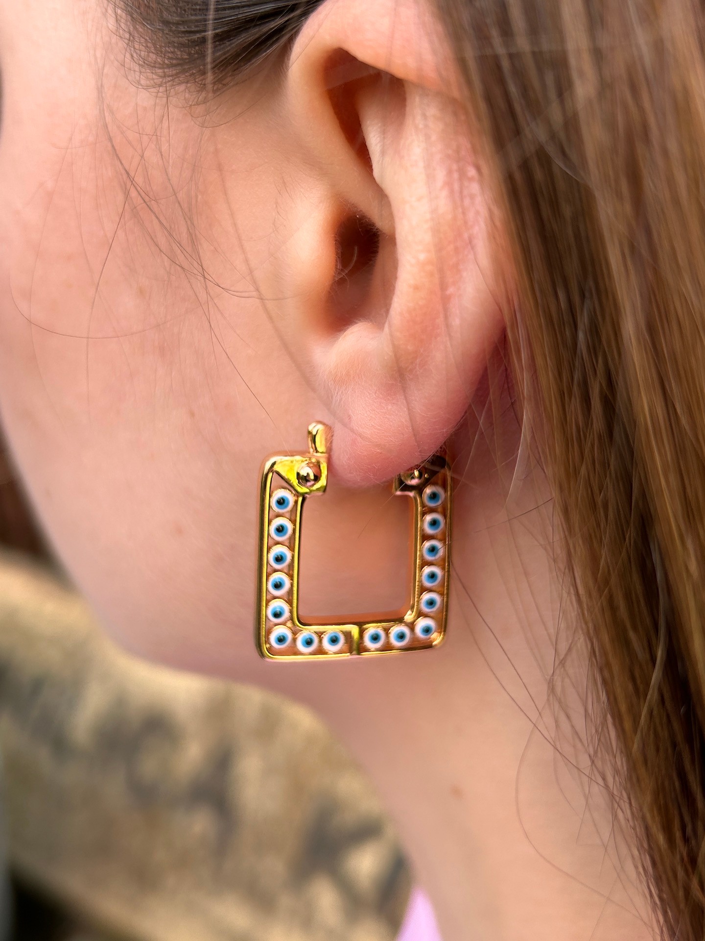 BYM082 Çelik Suya Dayanaklı Kare 3 cm Mavi Nazar Boncuklu Rose Gold Kadın Çelik Küpe