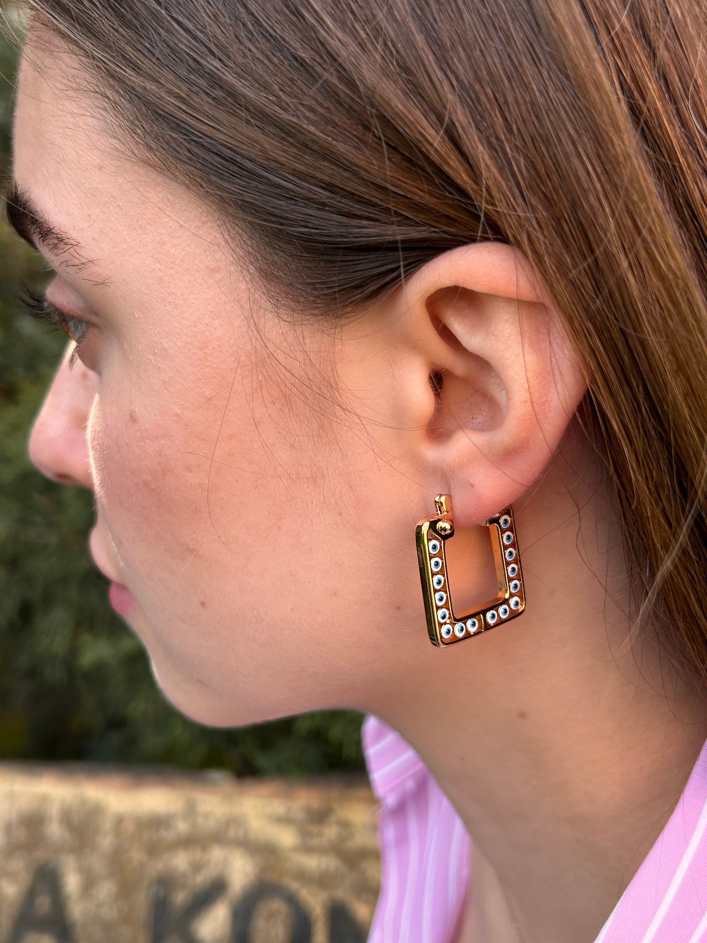 BYM082 Çelik Suya Dayanaklı Kare 3 cm Mavi Nazar Boncuklu Rose Gold Kadın Çelik Küpe