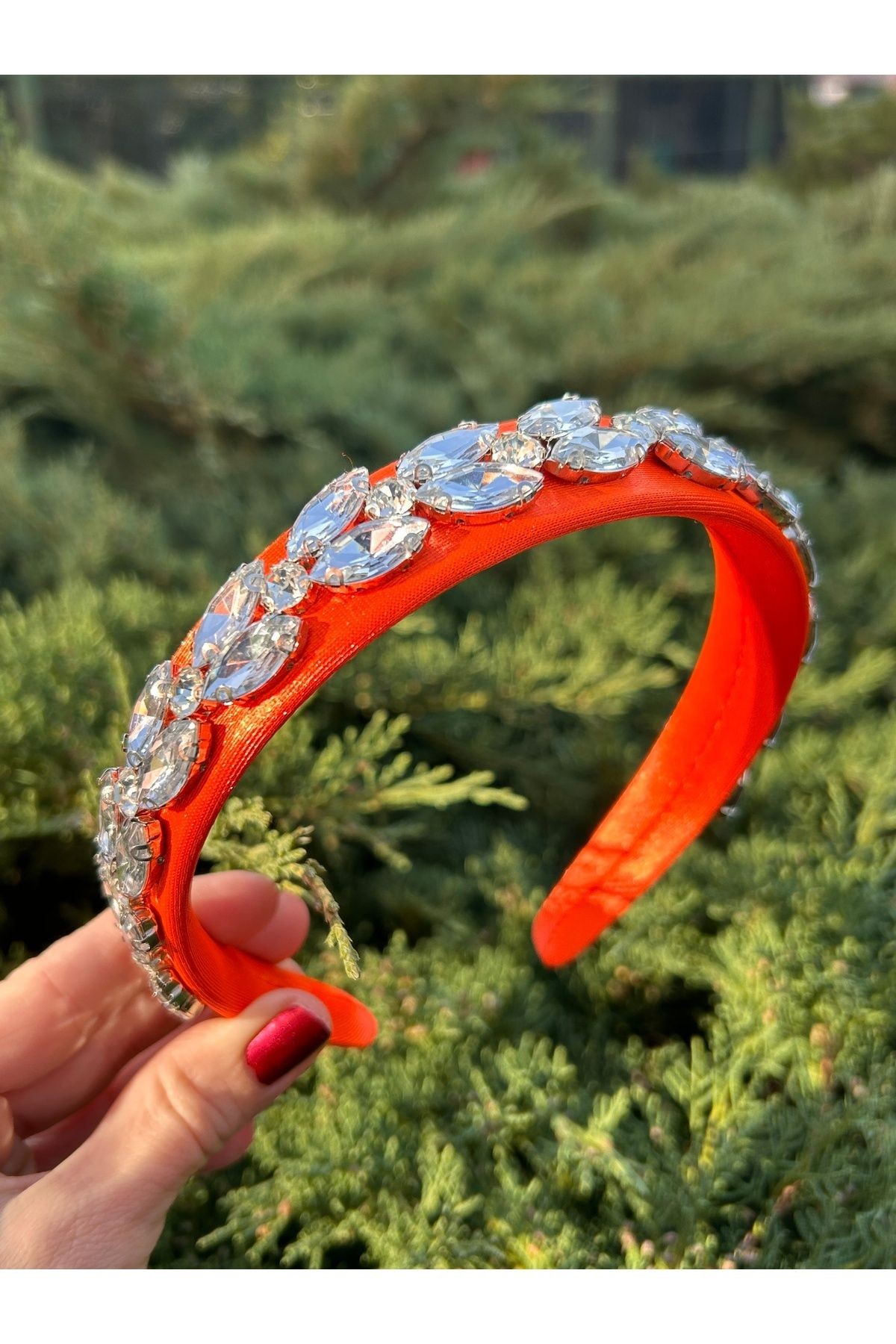 BYM090 Saten 4 Cm Full Baget Turuncu Renk Kalın Taş Şık Abiye El Yapımı Kadın Saç Tacı