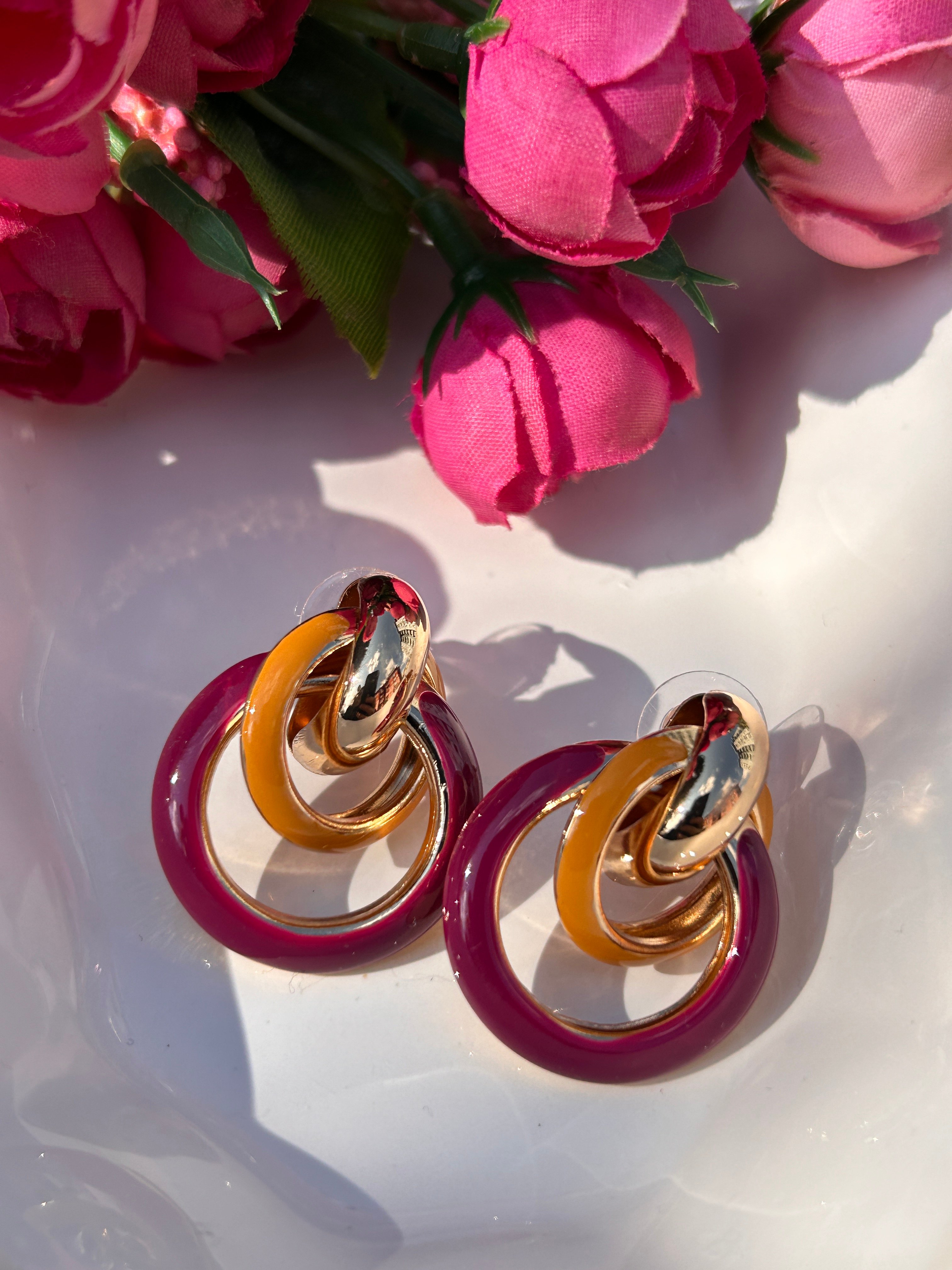 BYM127 Abiye Tasarım Halka Gold Tabaka Bordo 3,5 cm Kadın Çelik Küpe