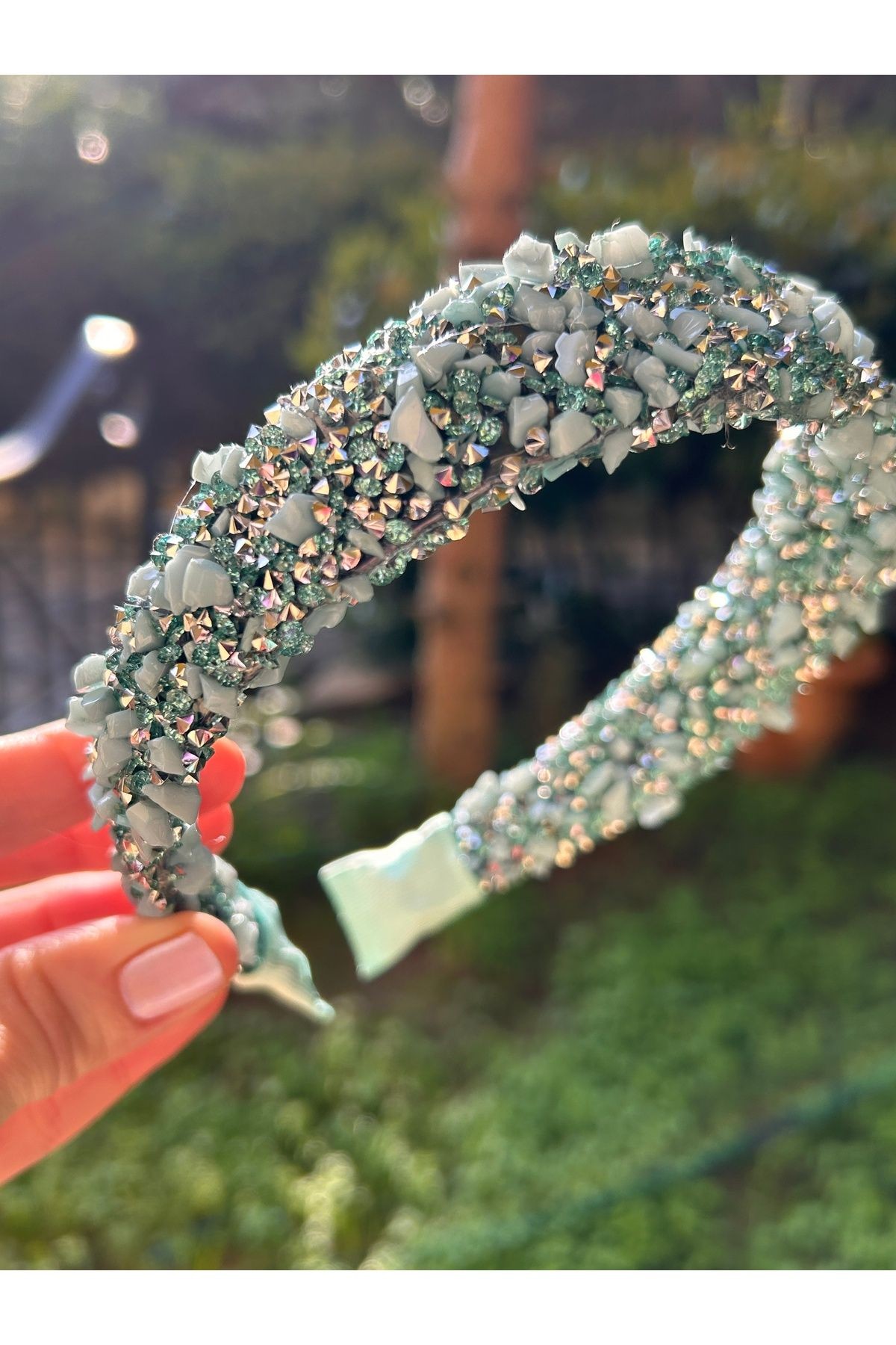 BYM189 Doğal Taşlı Su Yeşili Kalın Model Saç Aksesuarı Kristal Nişan Düğün Abiye Kadın Saç Tacı