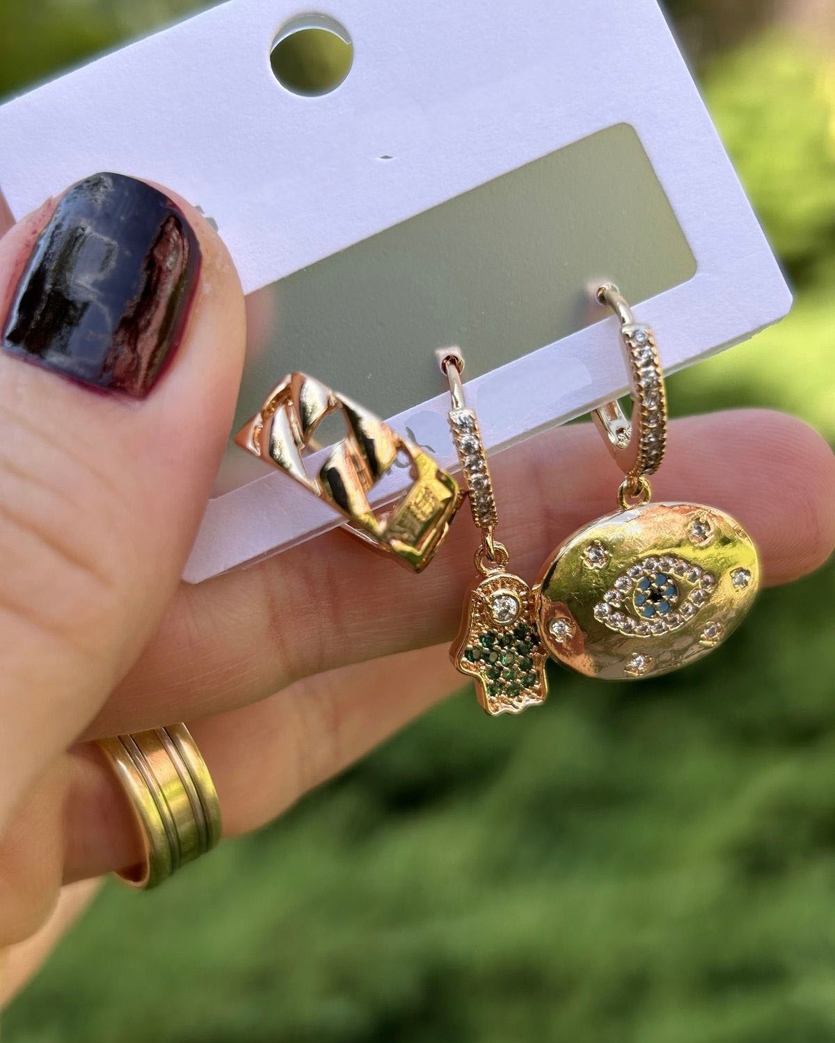 BYM288 3'lü Nazar Figürlü Gold Renk Kadın Çelik Küpe Seti
