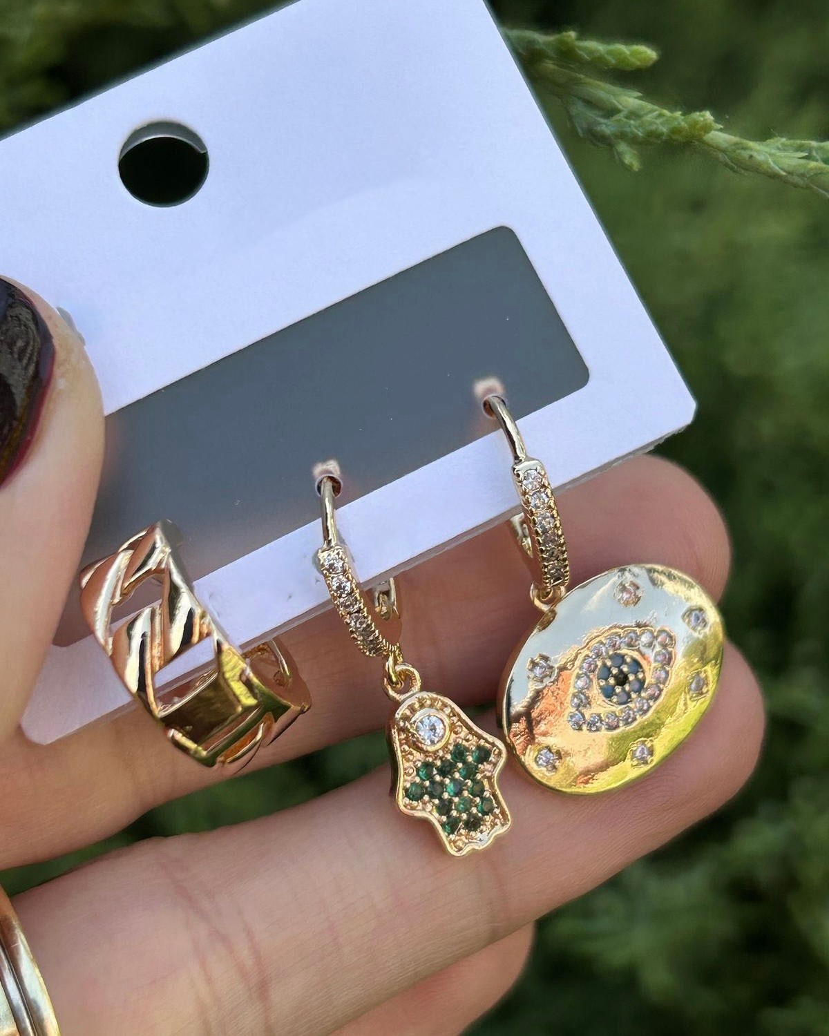 BYM288 3'lü Nazar Figürlü Gold Renk Kadın Çelik Küpe Seti