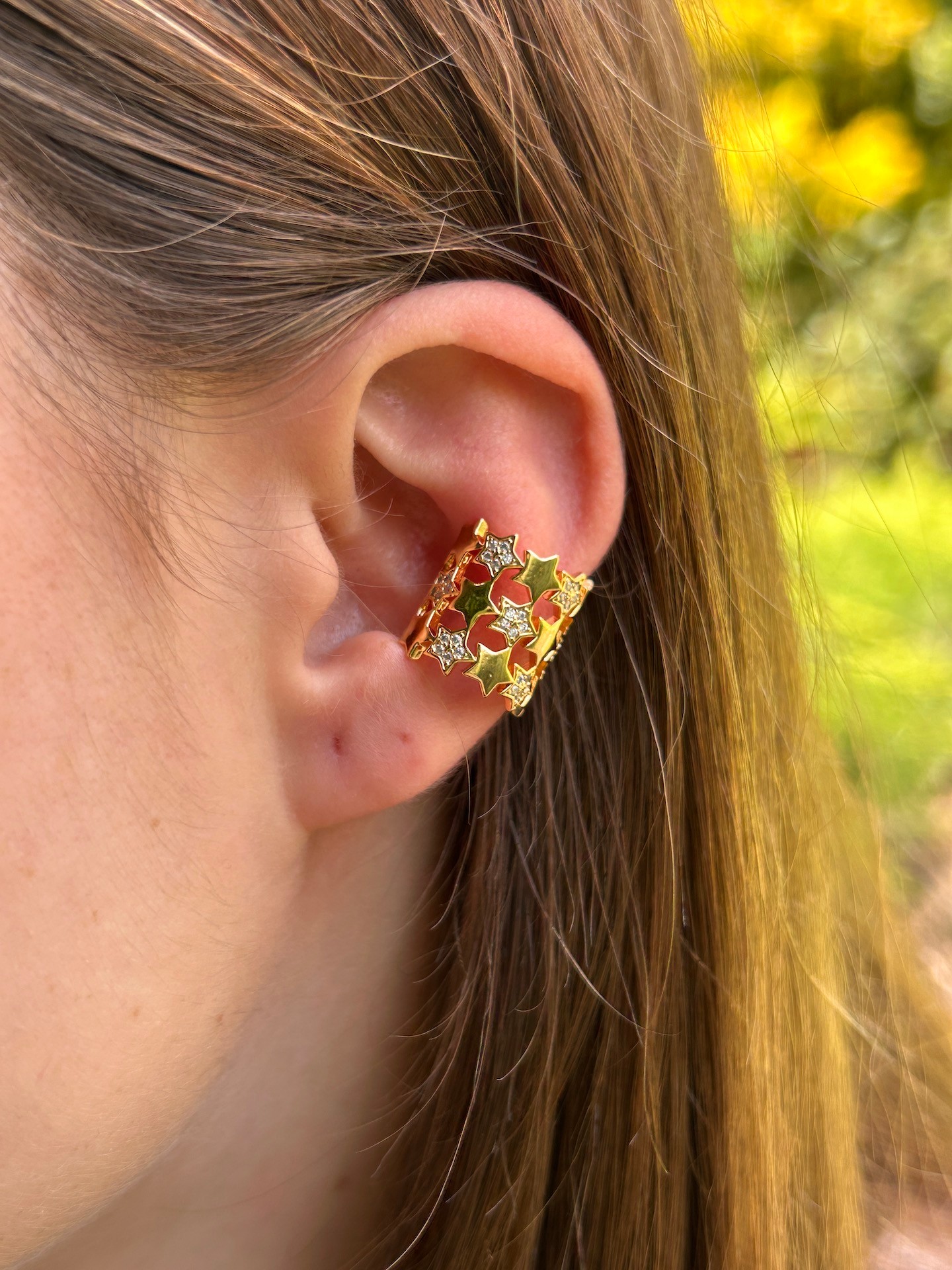 BYM523 Çelik Kadın Rose Gold Yıldız Taşlı Geçirmeli 3 lü Görünüm Kıkırdak Küpe
