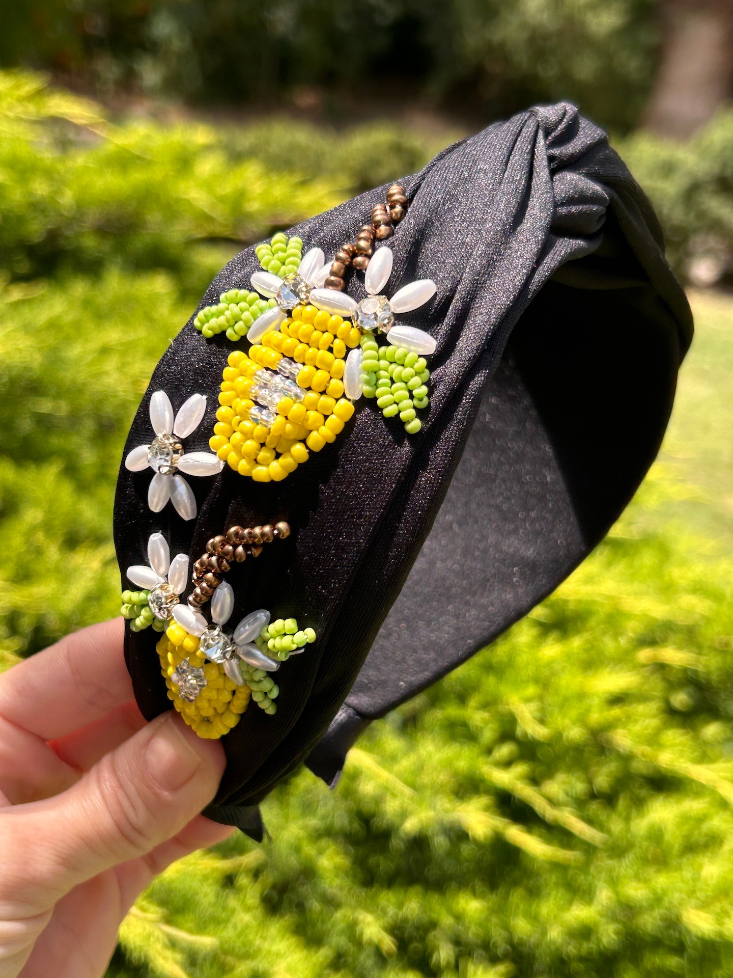 BYM573 Floral Tasarım Abiye Günlük El İşi Sarı Ananas Boncuk Yaz Motifli Kadın Saç Tacı