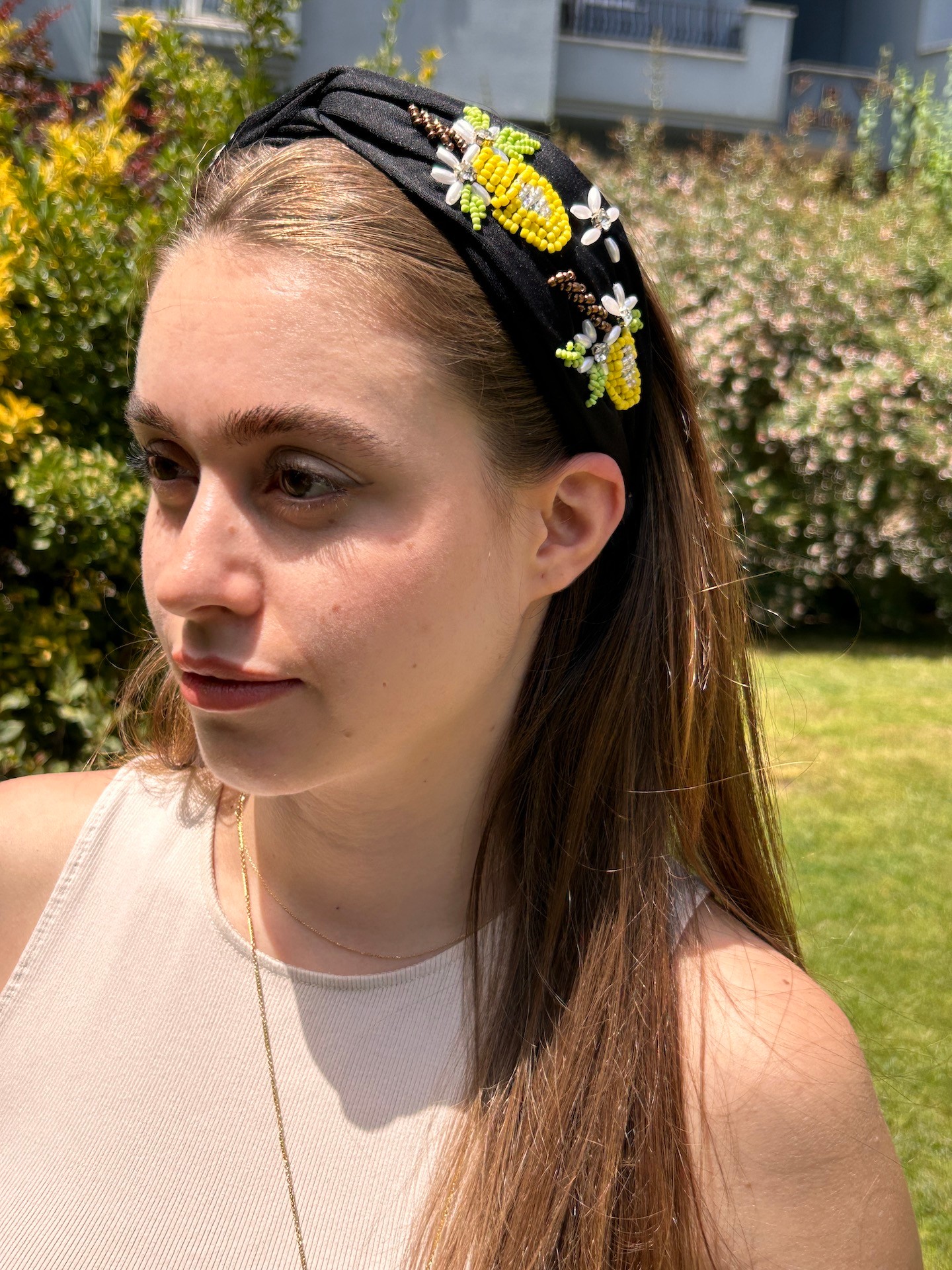 BYM573 Floral Tasarım Abiye Günlük El İşi Sarı Ananas Boncuk Yaz Motifli Kadın Saç Tacı