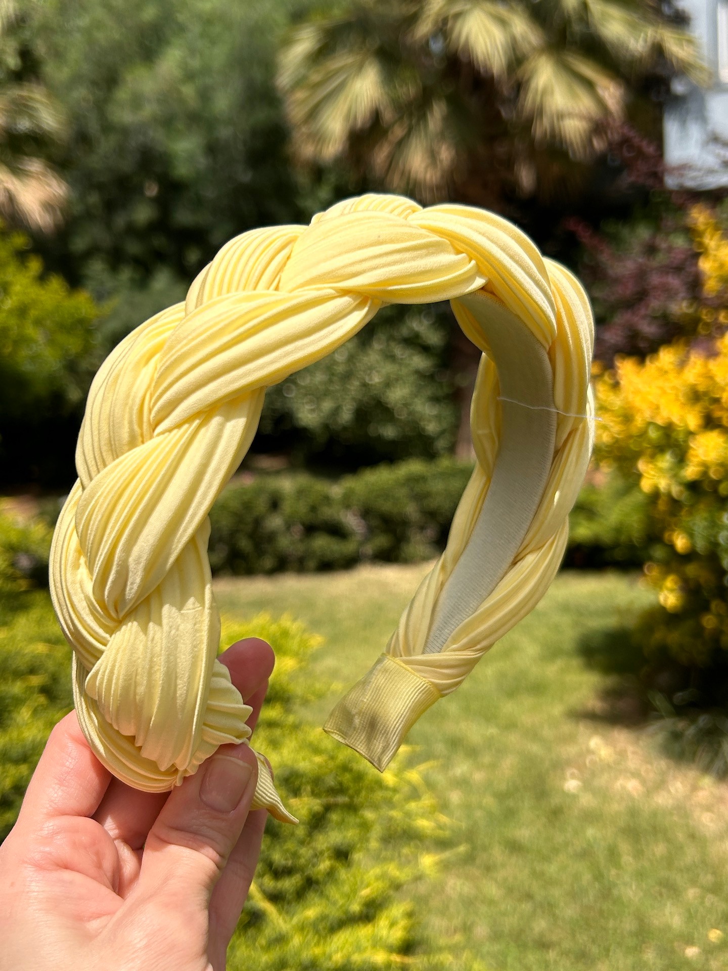 Kadın Pilise Kumaş Koyu Limon Sarı Renk Örgü Model Günlük Taç Saç Bandı